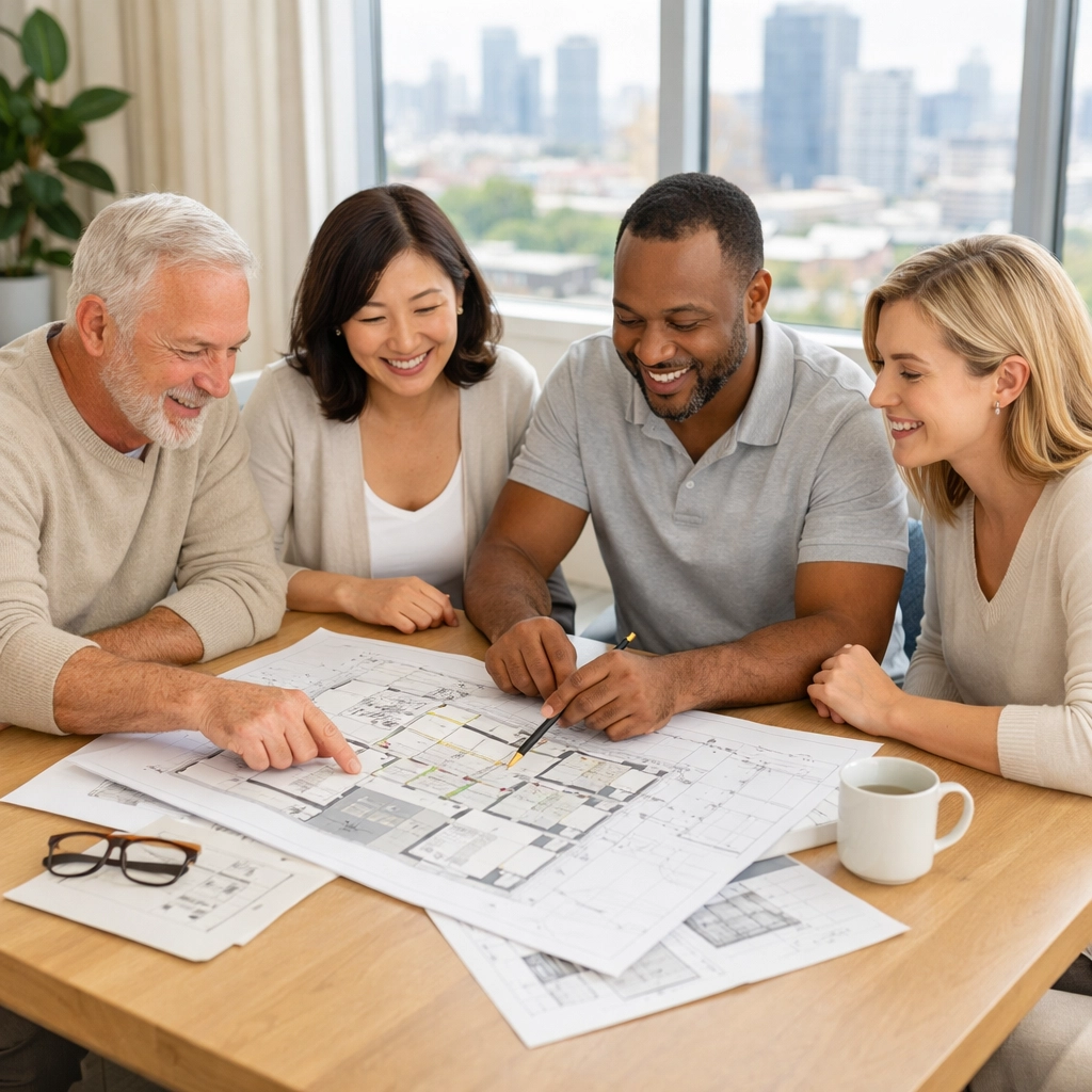 Saskatoon condo owners collaborating on building plans and budget management in a modern common area.