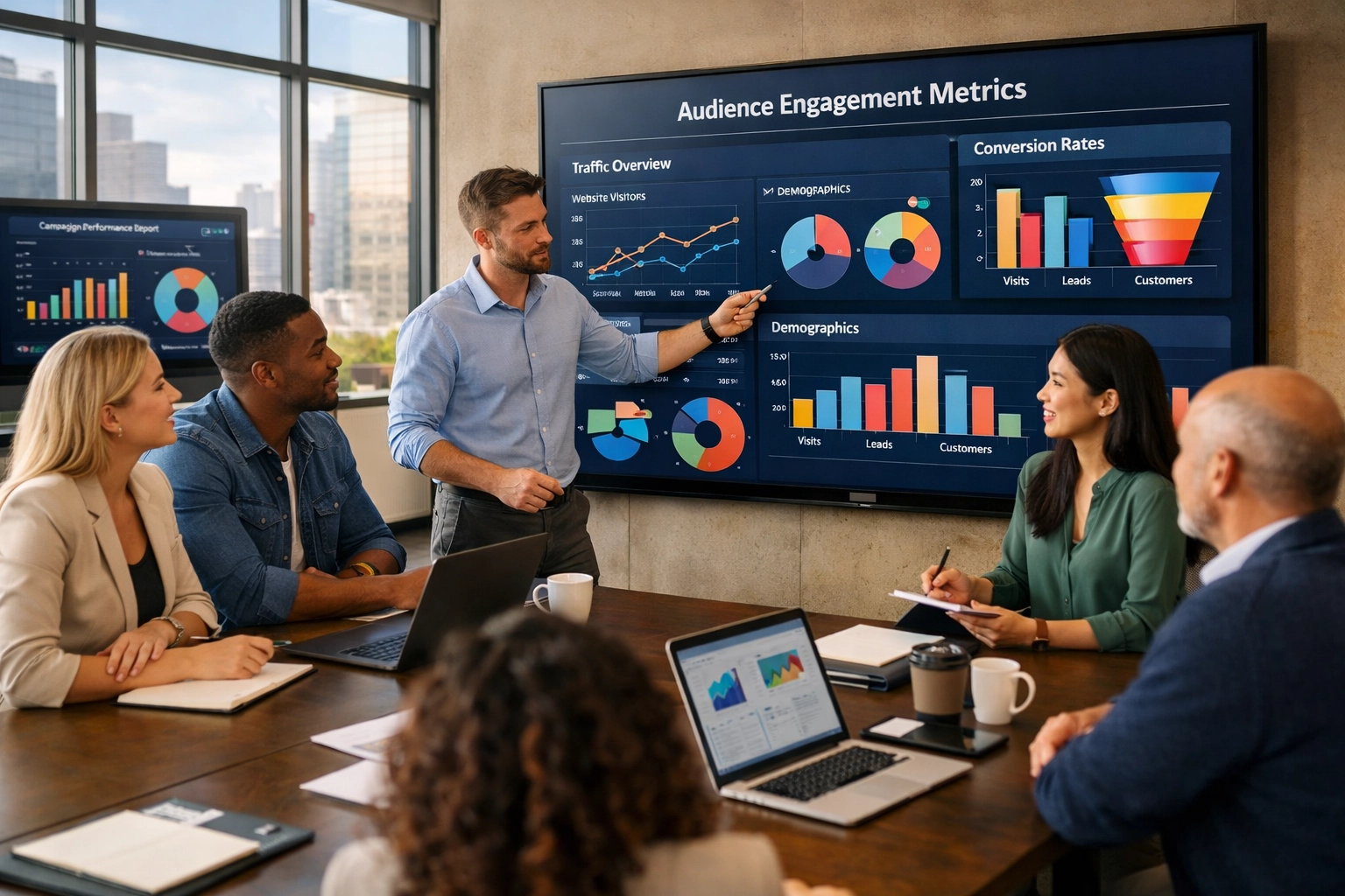 Marketing team collaborating around digital analytics displays for AI-powered media strategy planning