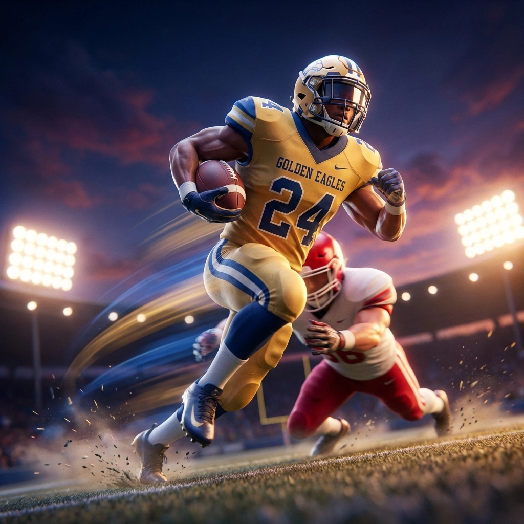 West Virginia high school football star Brad Mossor sprints past defenders in gold and blue uniform, showcasing explosive athleticism and Kennedy Award-winning form.