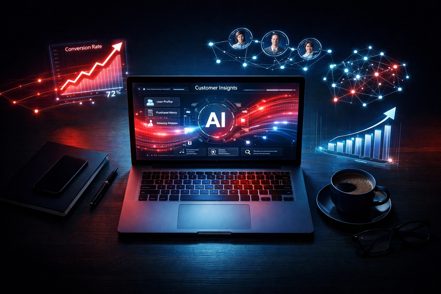 Business owner implementing AI personalization tools with customer data and conversion metrics