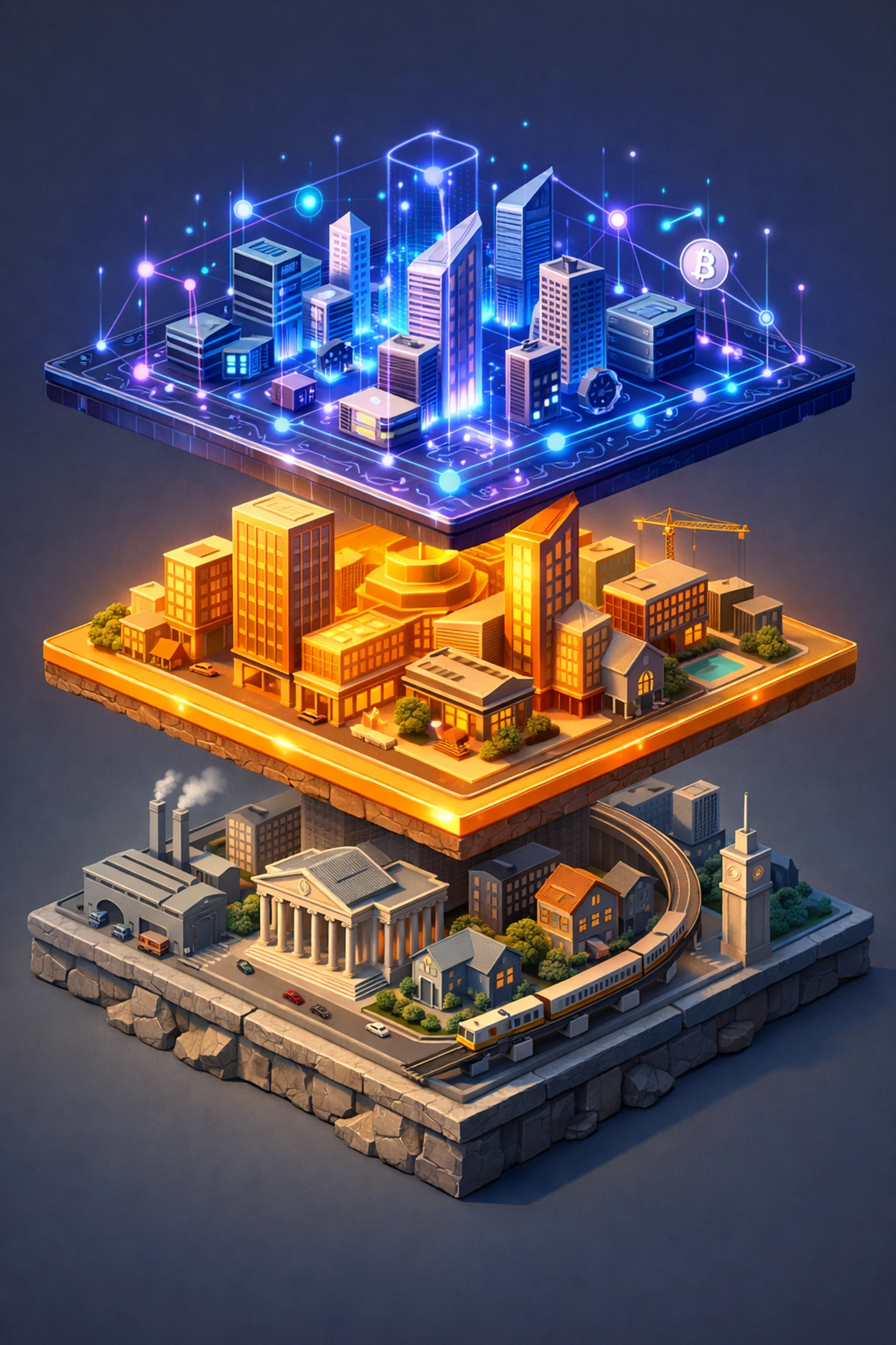 Multi-layered institutional investment portfolio showing real estate and digital assets