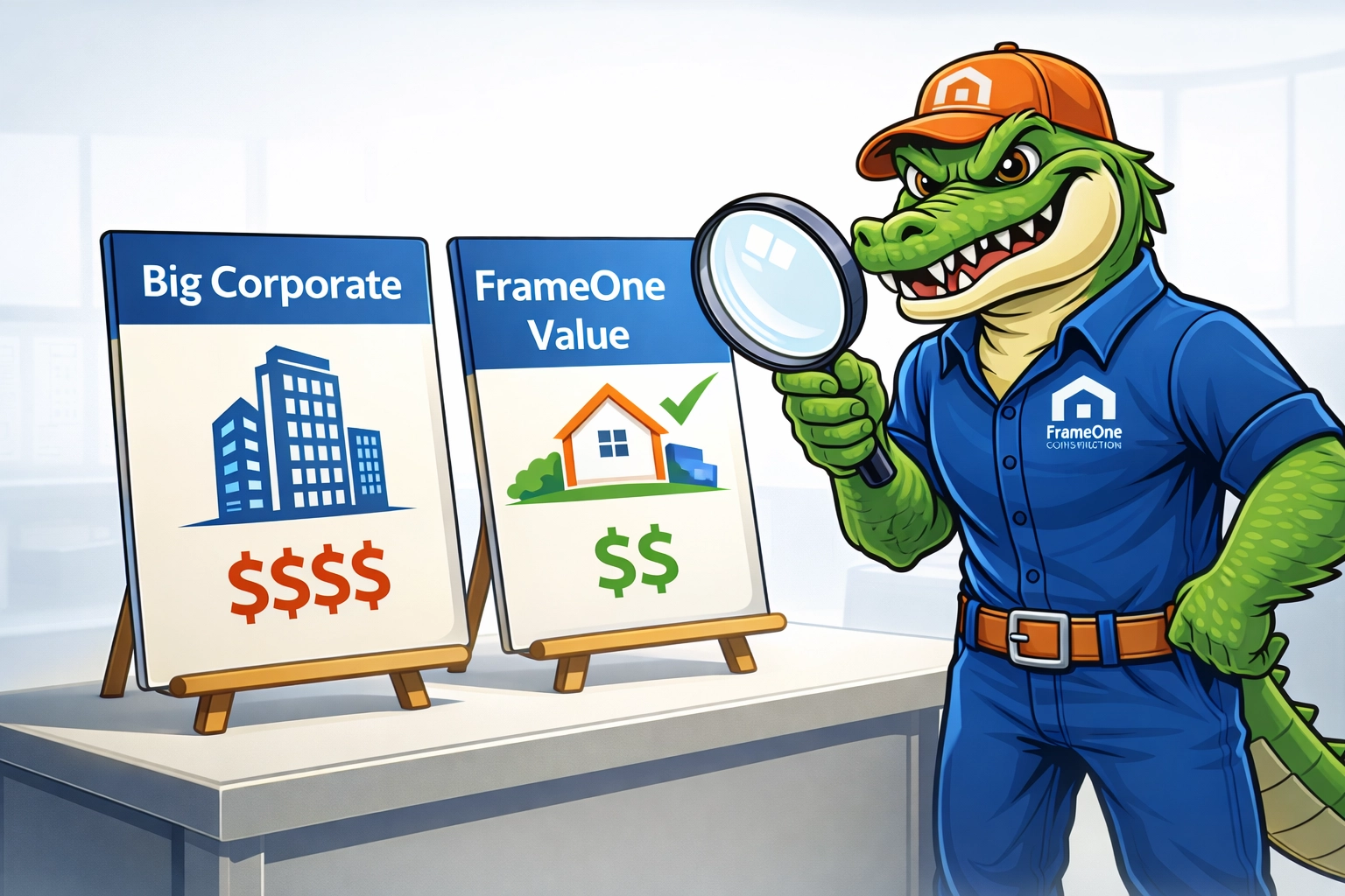 Al E. Gator comparing Big Corporate vs Solid Value (magnifying glass)