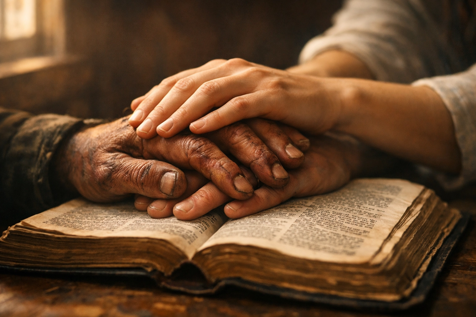 A missionary and a former fighter place their hands on an open Bible, illustrating redemption and unity.