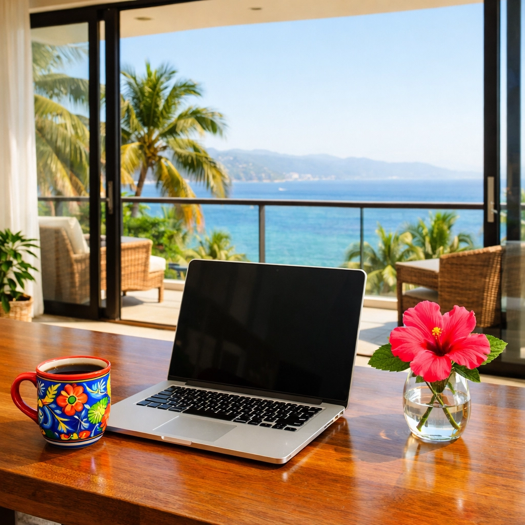 A bright condo rental in Puerto Vallarta featuring a workspace with a laptop overlooking the ocean and palm trees.