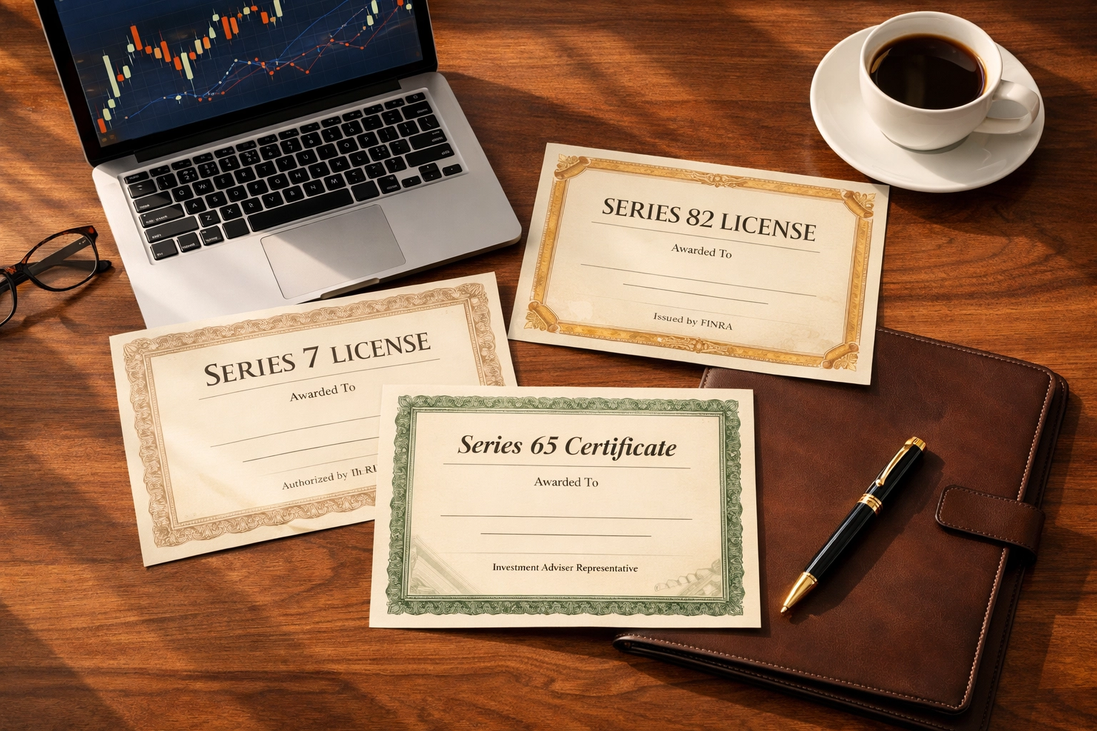Professional workspace with FINRA licenses and financial certifications for accredited investor status