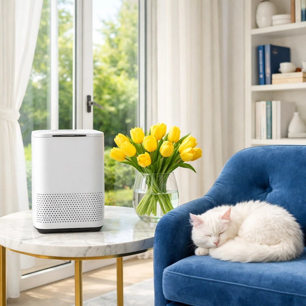 Air purifier in a pet-friendly office with a cat, illustrating dander reduction and fresh air quality.