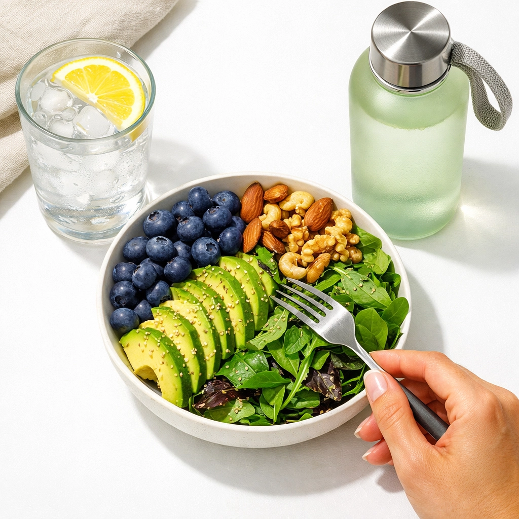 Healthy midday meal with blueberries, avocado, nuts and water for afternoon energy
