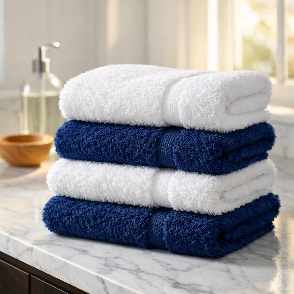 Fluffy white and blue bath towels cleaned with white vinegar in a modern laundry room.