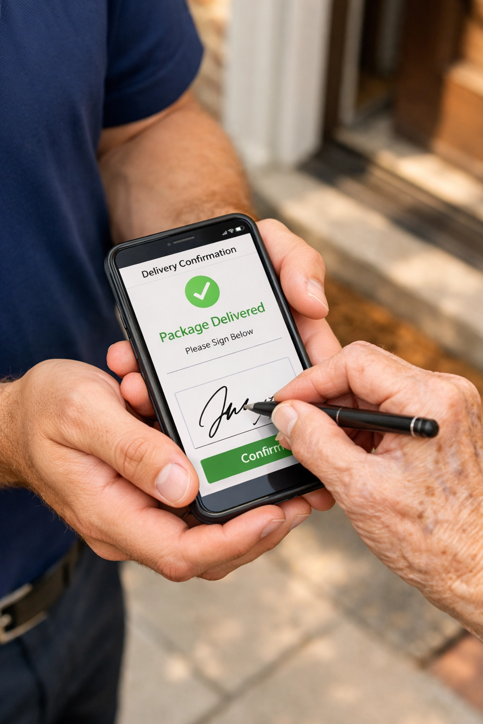 Pharmacy courier obtaining digital signature on mobile device for secure medication delivery
