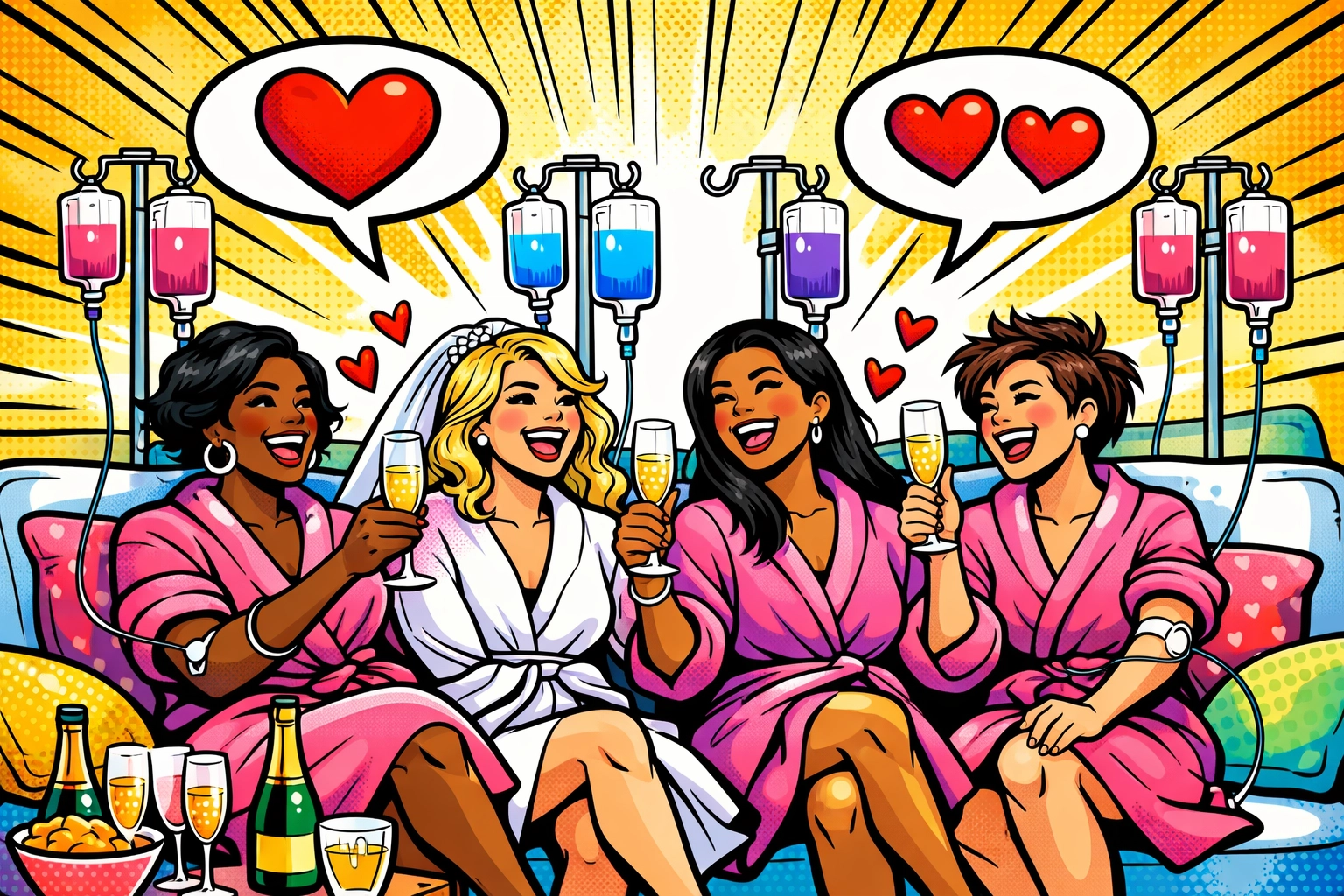 Bridal party enjoying group IV therapy session together in matching robes