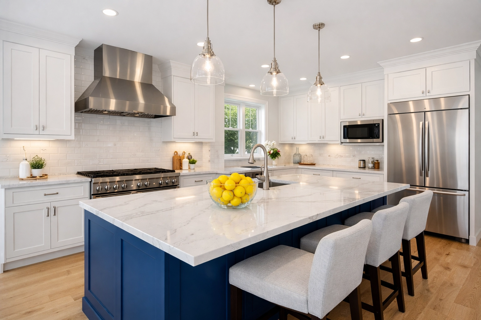 Professional post construction cleaning in Maynard for a newly renovated luxury kitchen with white cabinets.