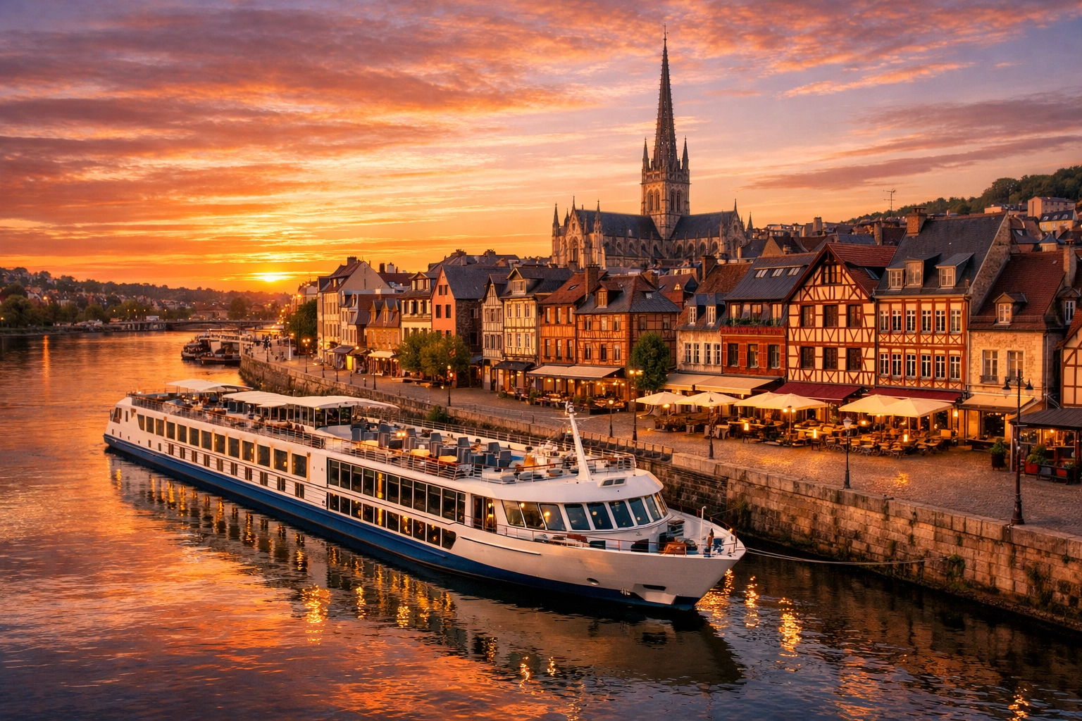 River cruise ship docked in historic French town along Seine River at sunset
