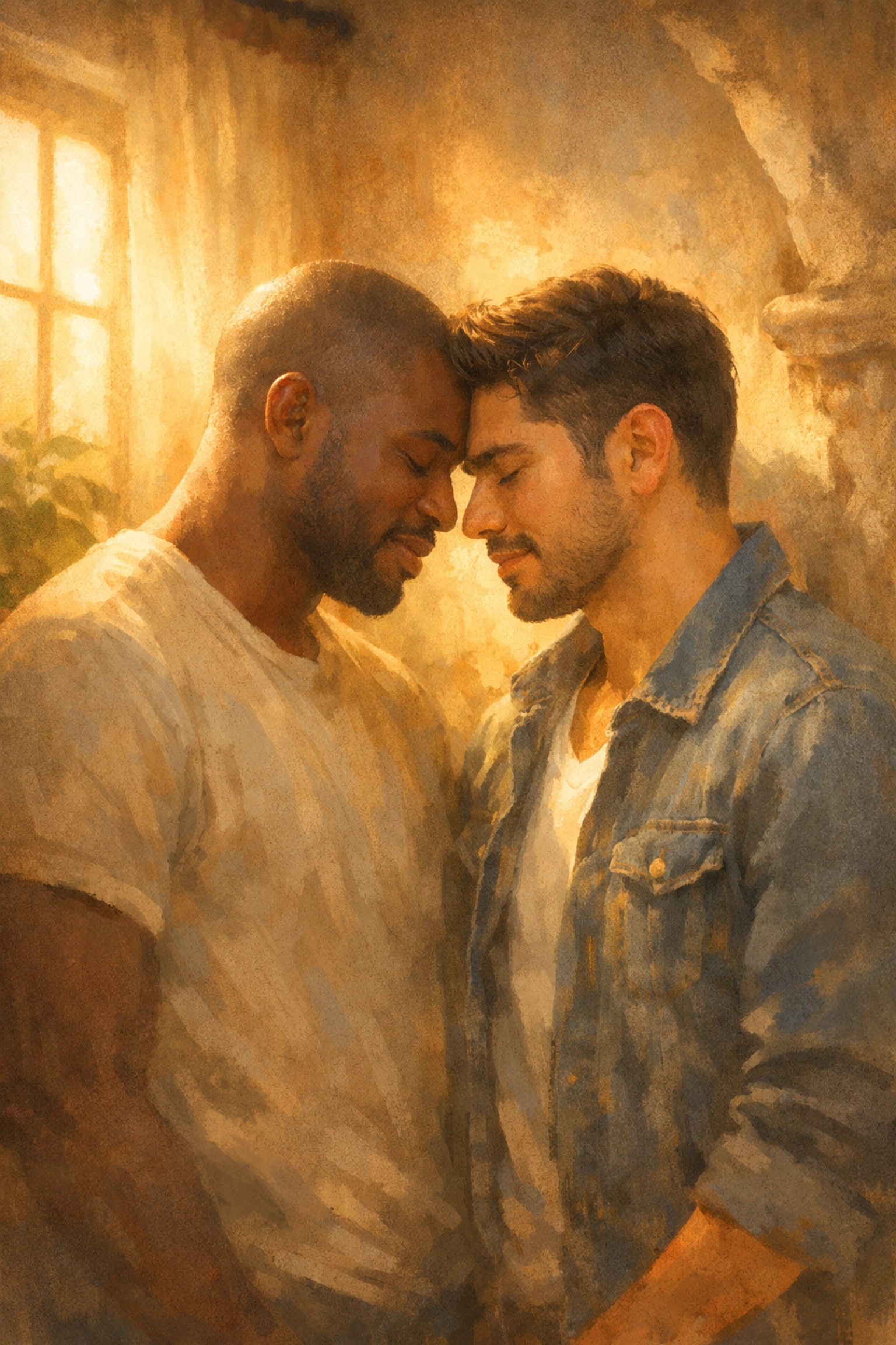A diverse gay couple sharing a tender, emotional moment, reflecting deep character development in queer fiction.