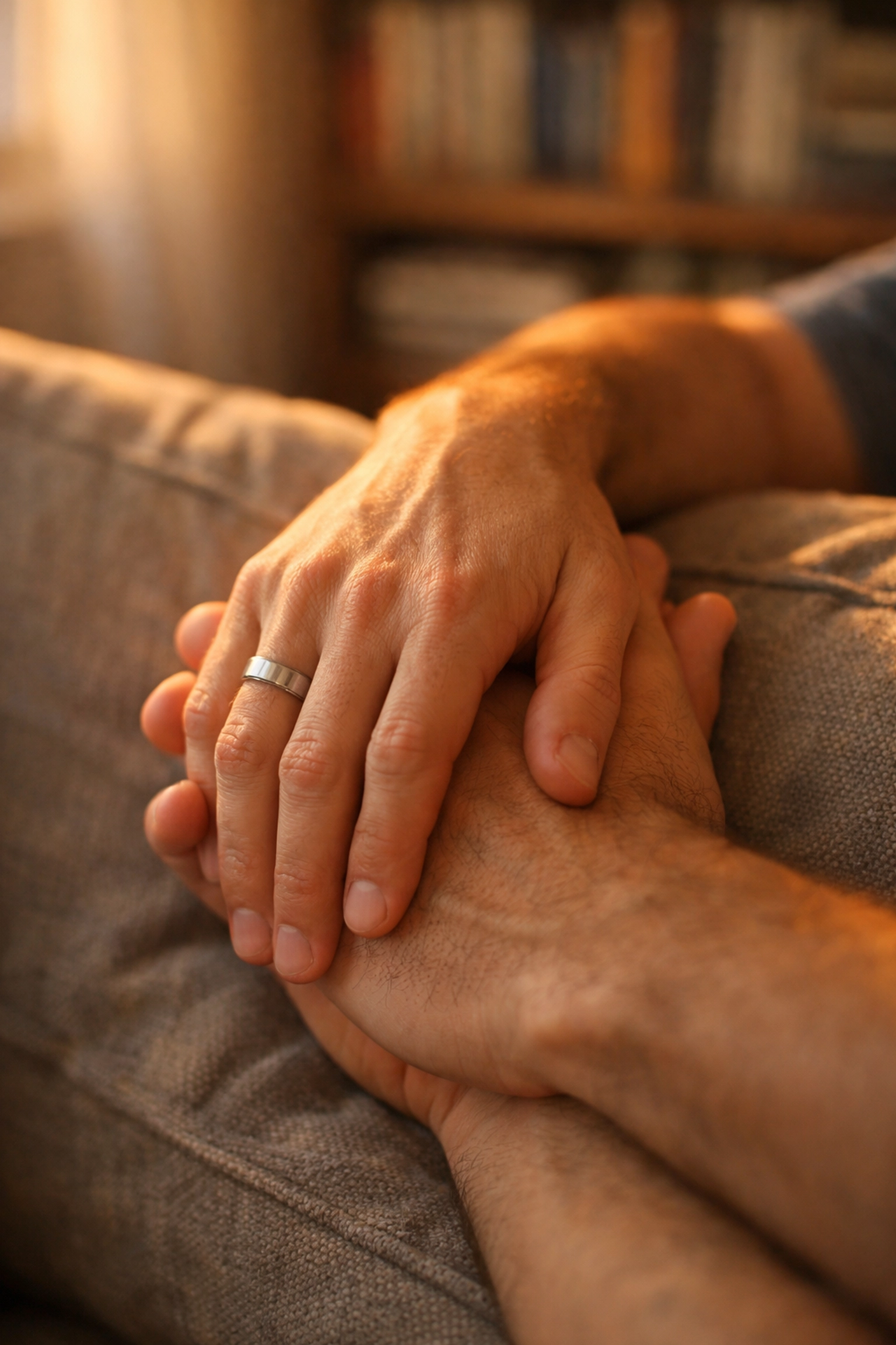 Two men holding hands discovering same-sex intimacy for the first time