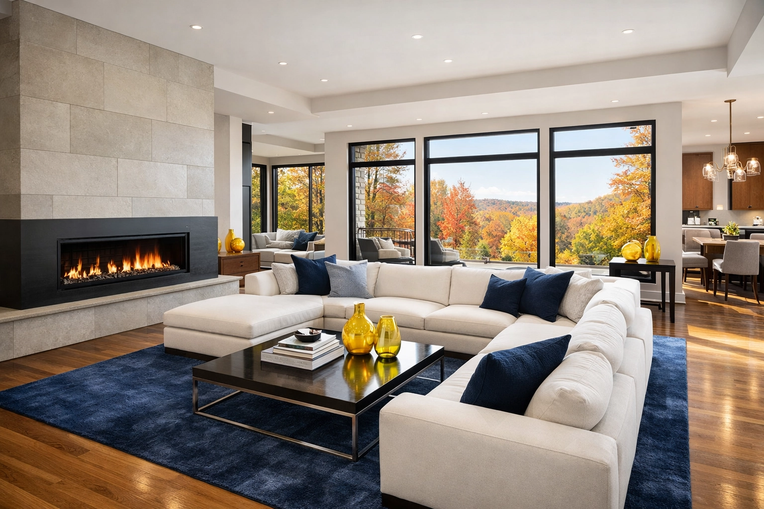 Dust-free open-concept living room in a Harvard Airbnb showing high-end turnover cleaning results.