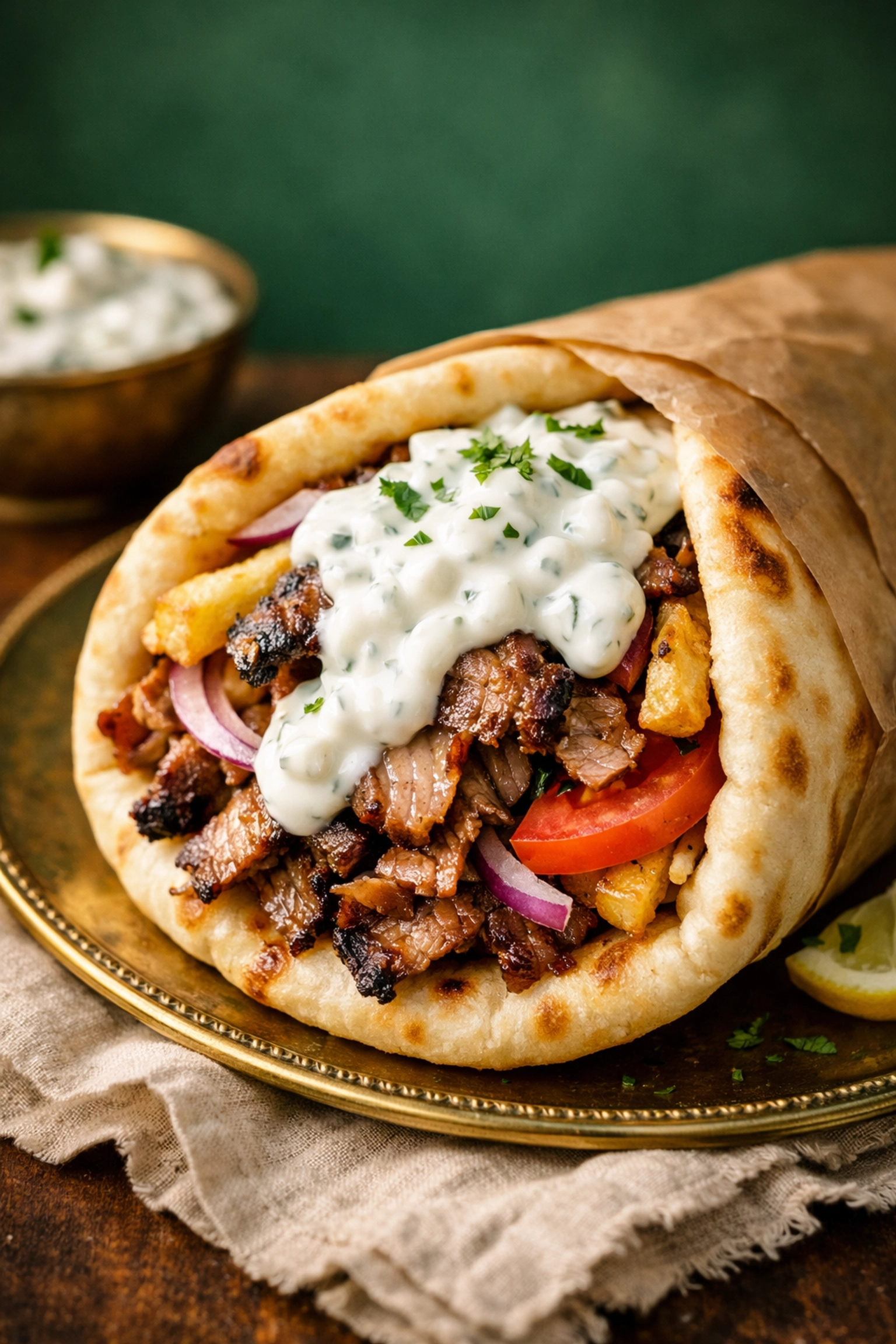 Authentic gyro wrap with seasoned meat and creamy tzatziki sauce at Gyro Republic Portland.