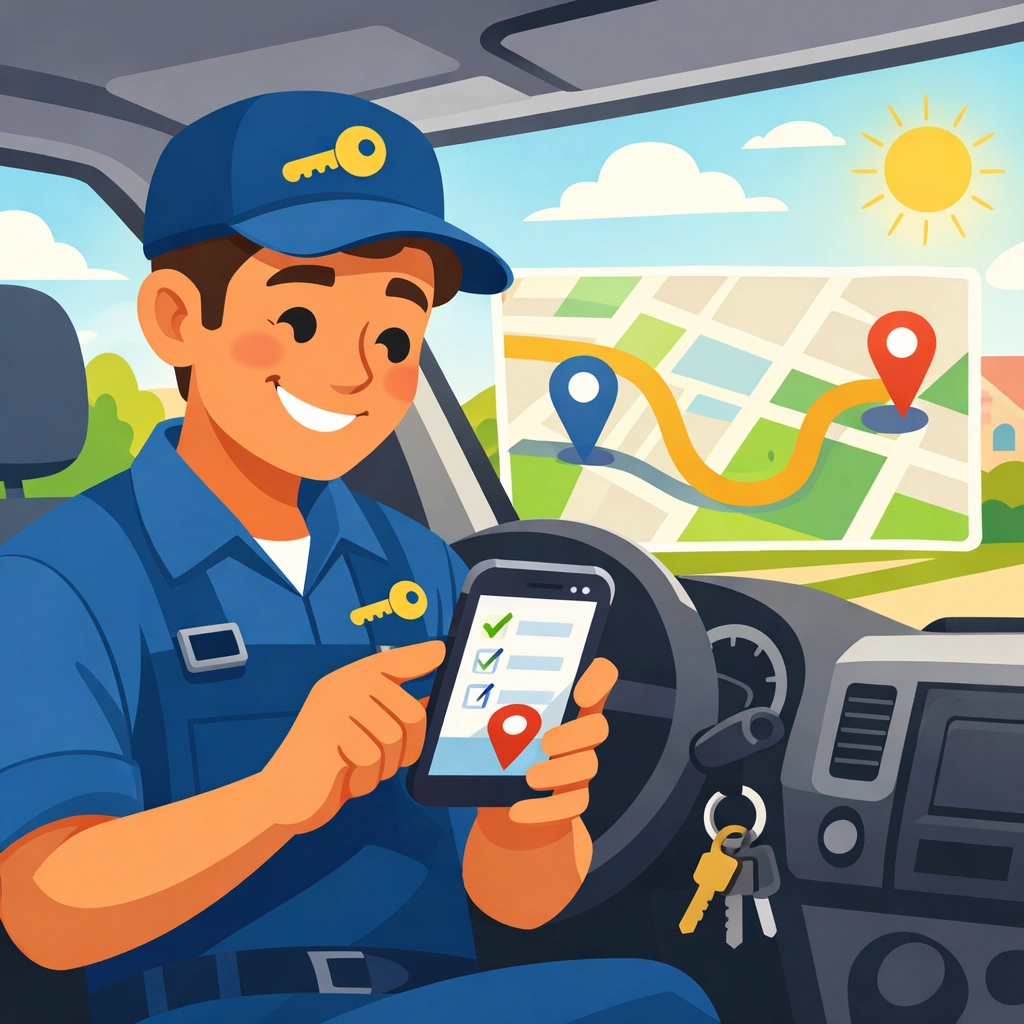 Locksmith technician using Valortek mobile app for scheduling and route optimization in service van