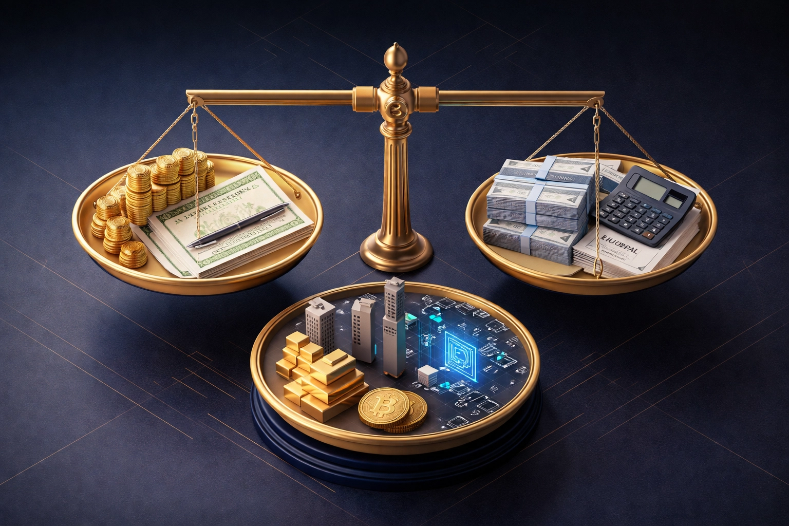 Balanced investment scale illustrating diversified portfolios with stocks, bonds, and alternative asset classes for 2026