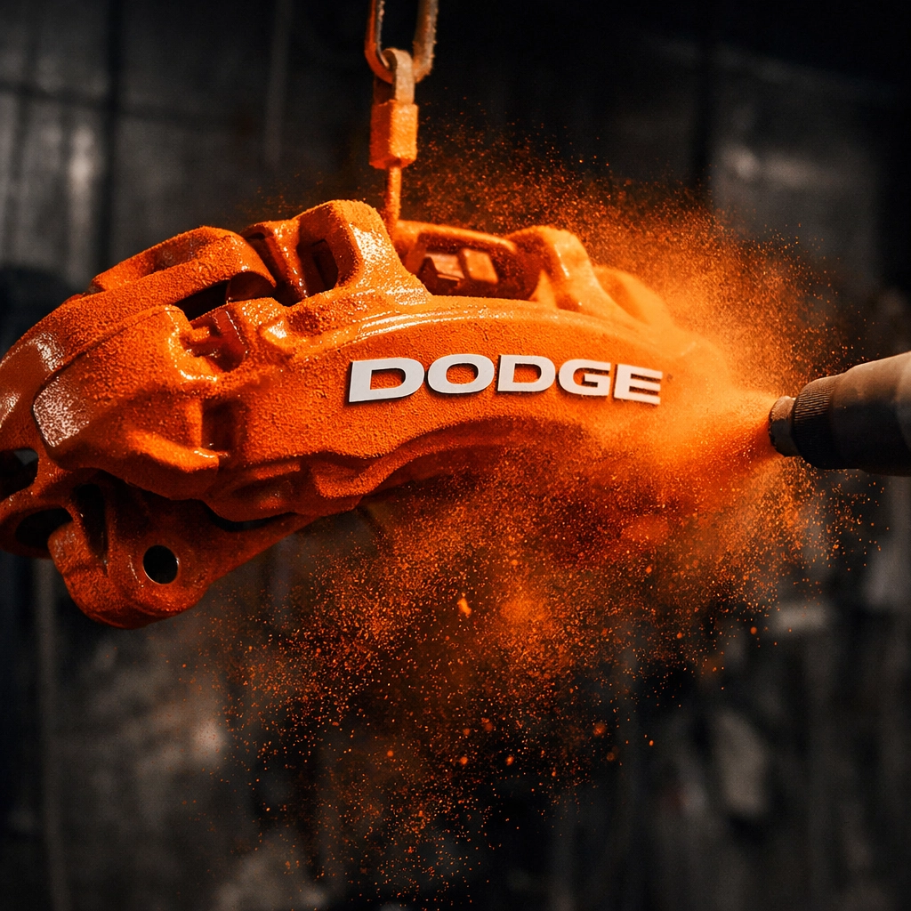 Dodge Charger brake caliper powder coating process with orange coating particles