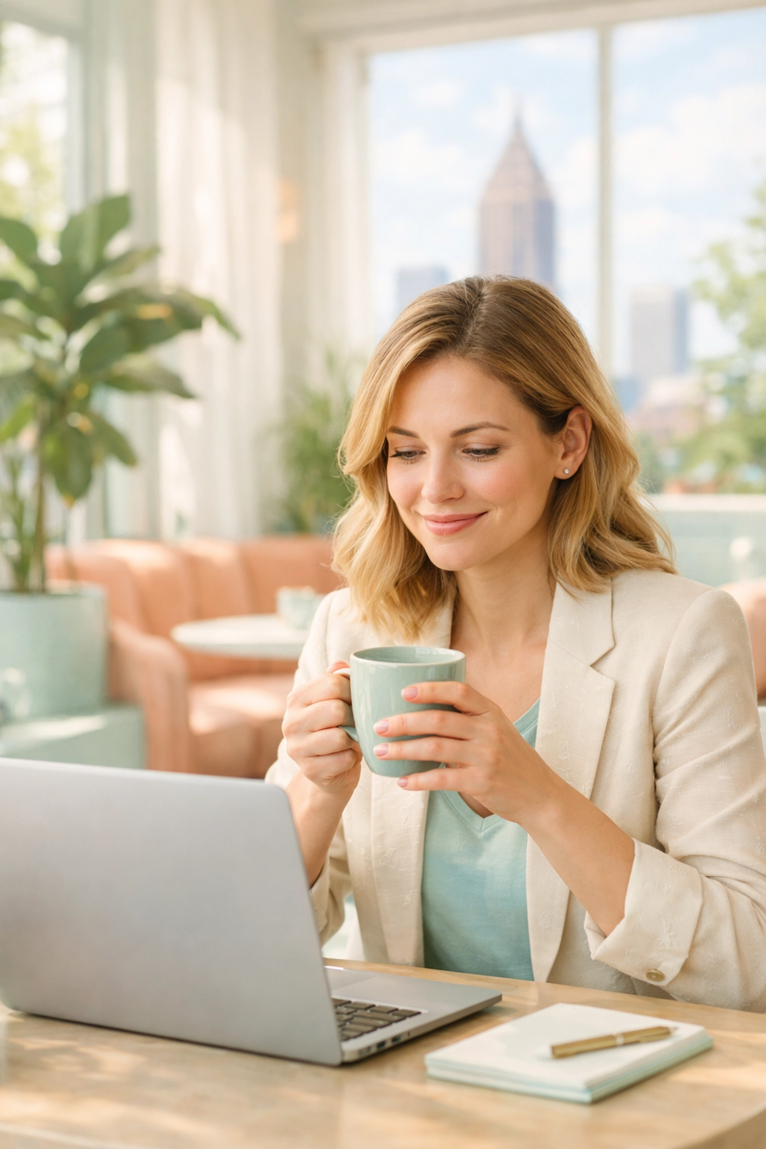 Young professional in Atlanta using a laptop to check therapy insurance coverage.