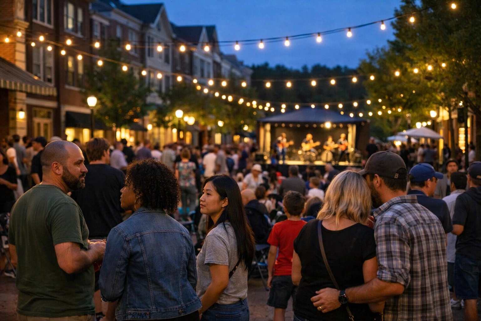 Outdoor live music and community night in a walkable Northern Virginia town center with string lights and nearby townhomes