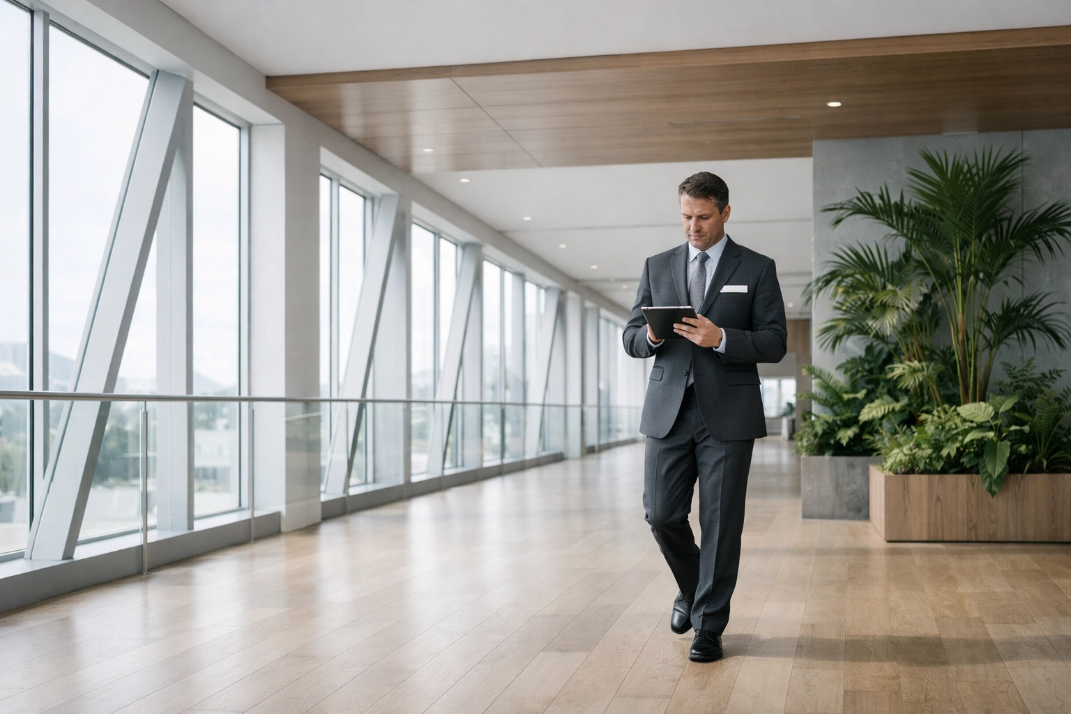 Hotel manager accessing cloud-based management software on a tablet in a modern corridor.
