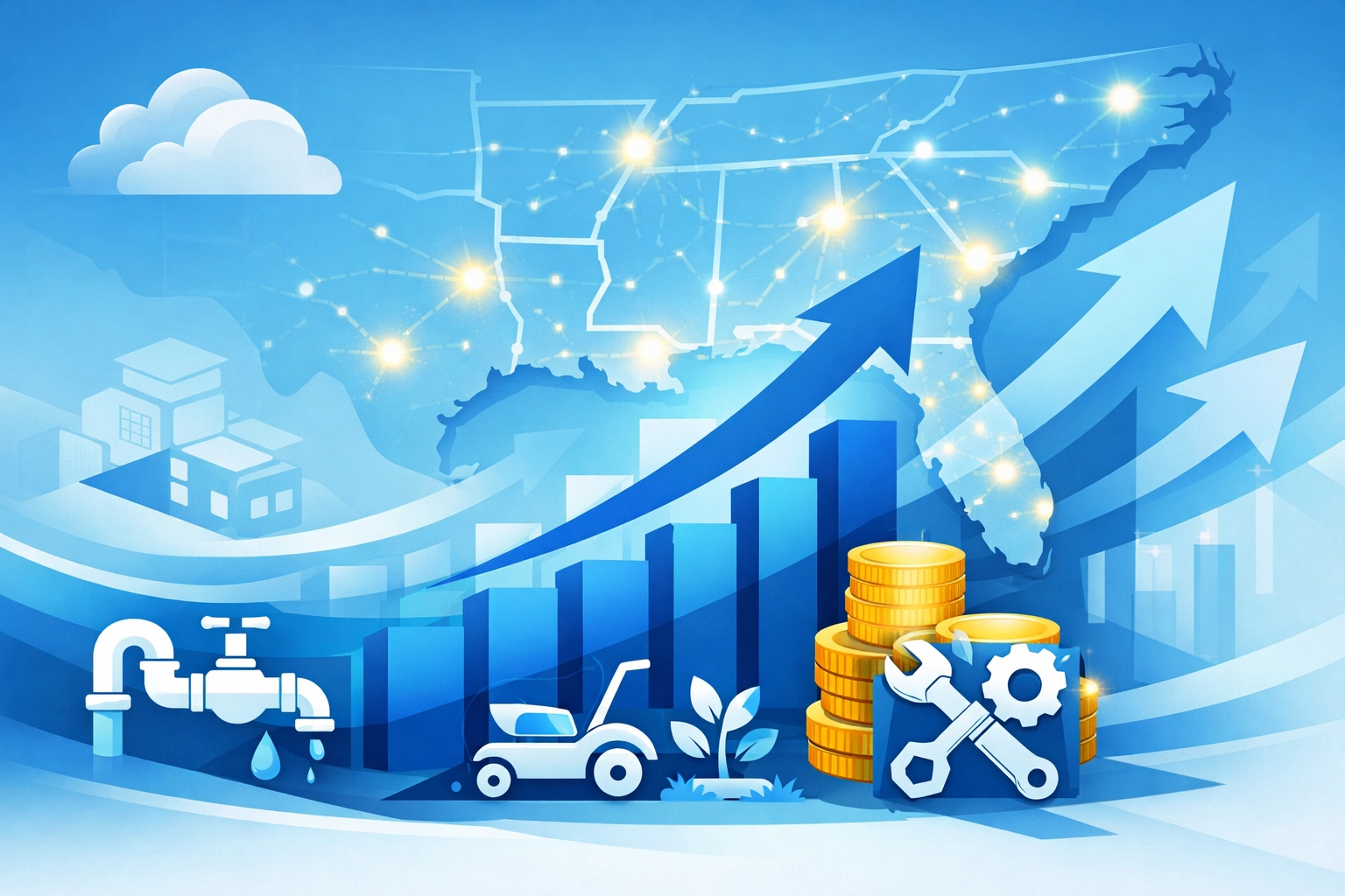Business growth chart and Southeast US map representing ROI and ERP automation for industrial distributors.