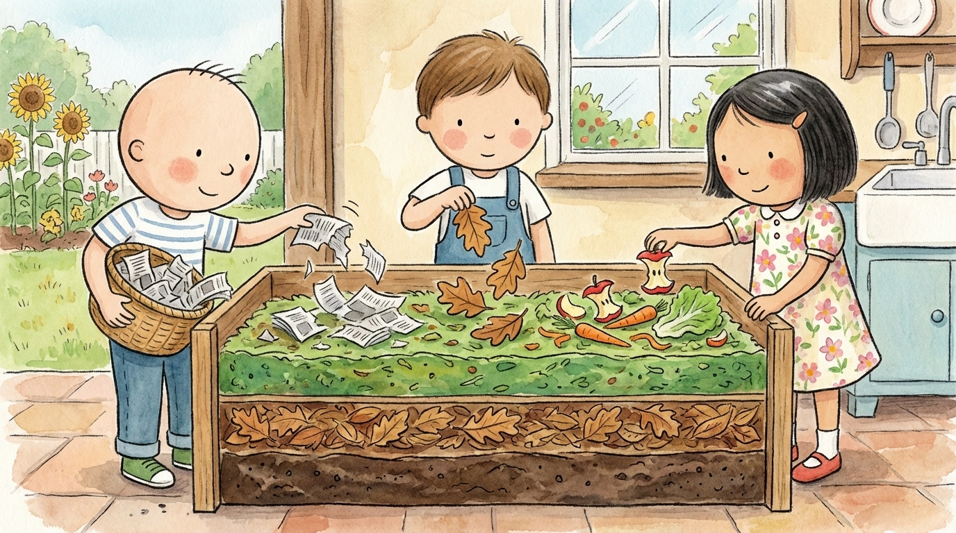 Kids layer newspaper, leaves, and food scraps in a compost bin, showing the composting process indoors.