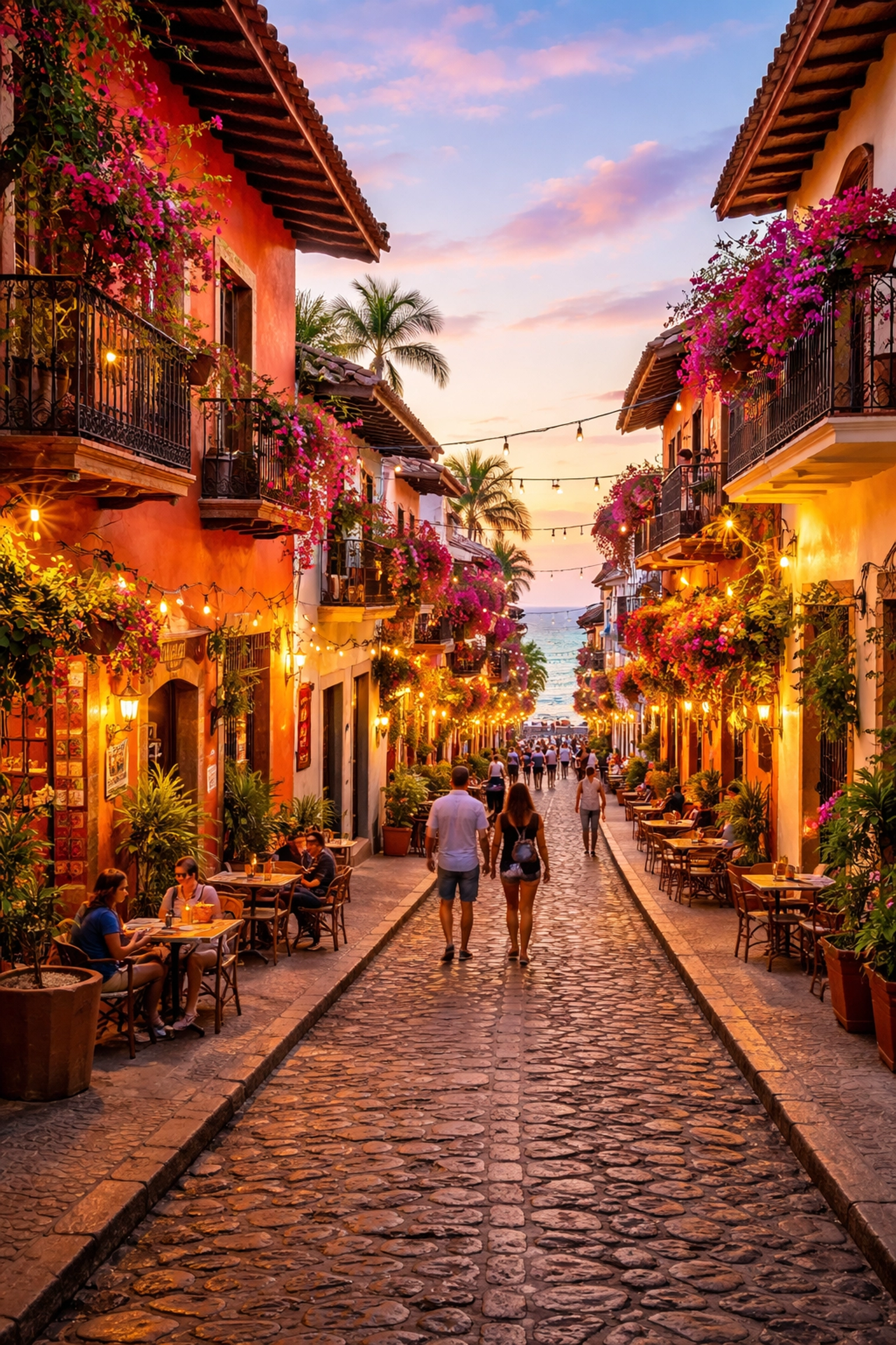 Charming cobblestone street in Zona Romántica Puerto Vallarta at sunset with colorful buildings and local cafés, perfect for long-term stays
