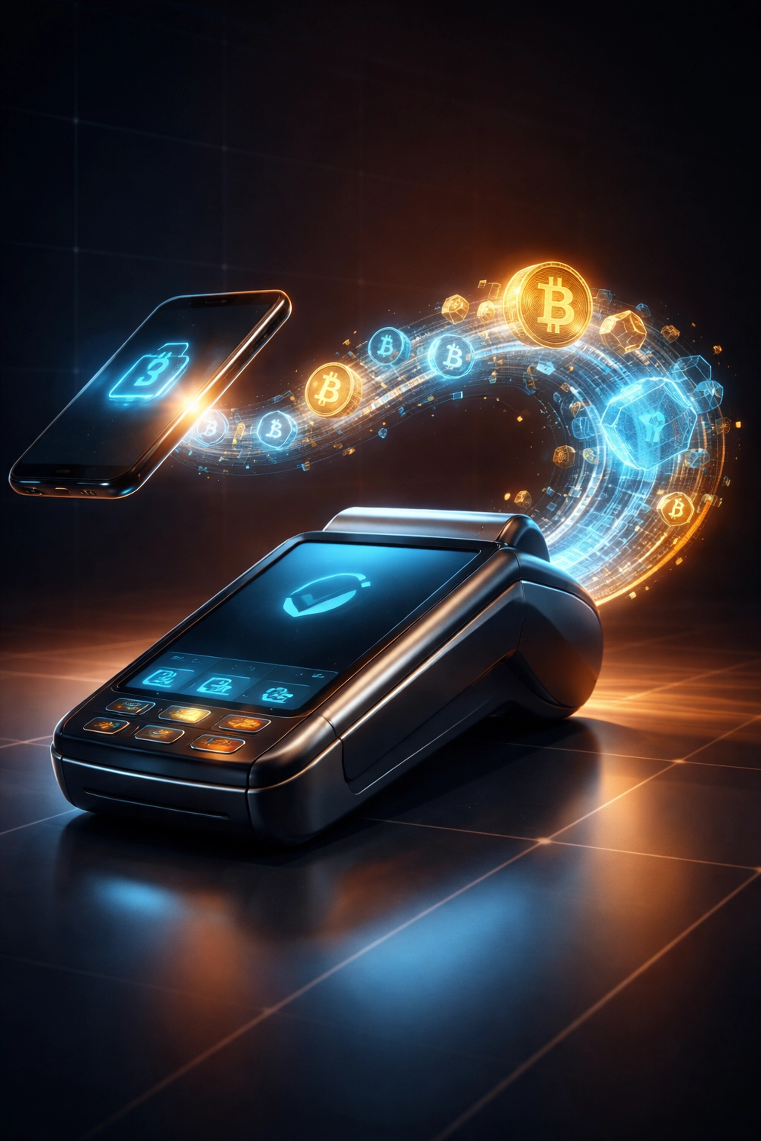 A modern point-of-sale terminal processing blockchain payments with digital currency symbols, illustrating Web3 payment system efficiency and reduced merchant fees.