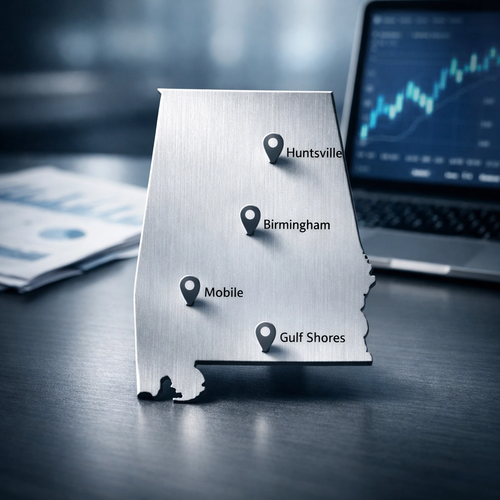Alabama business valuation map showing key markets in Huntsville, Birmingham, Mobile, Gulf Shores