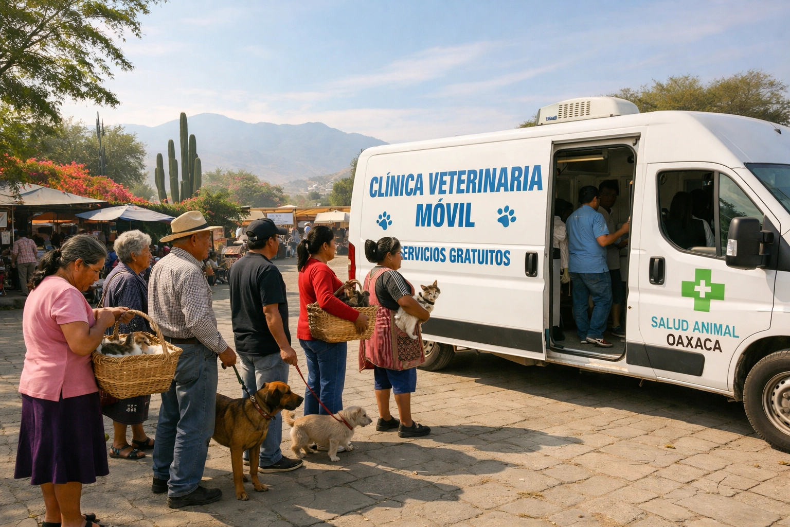Residents with pets wait at a GO-PAW mobile veterinary clinic in Oaxaca for low-cost pet care services.