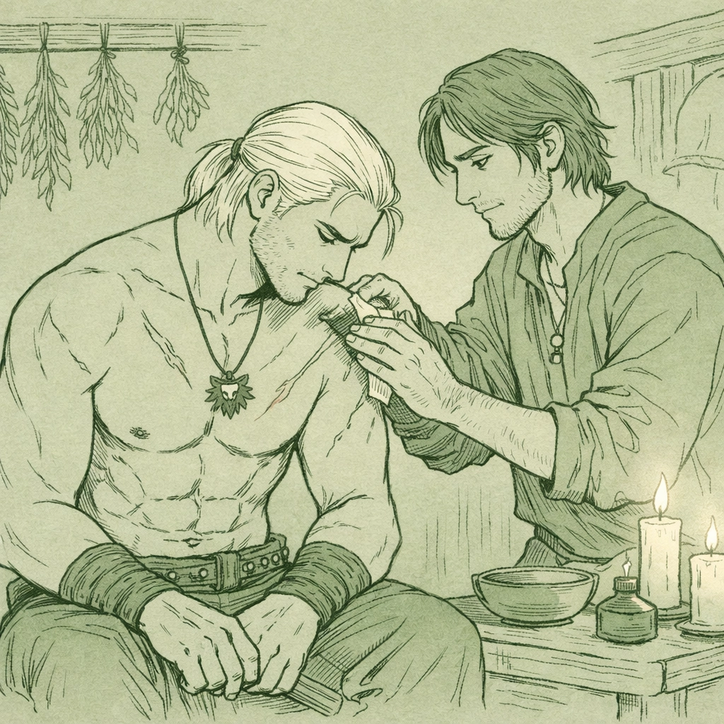 Witcher being healed by male healer in cottage - MM fantasy romance The Witcher's Silent Vow