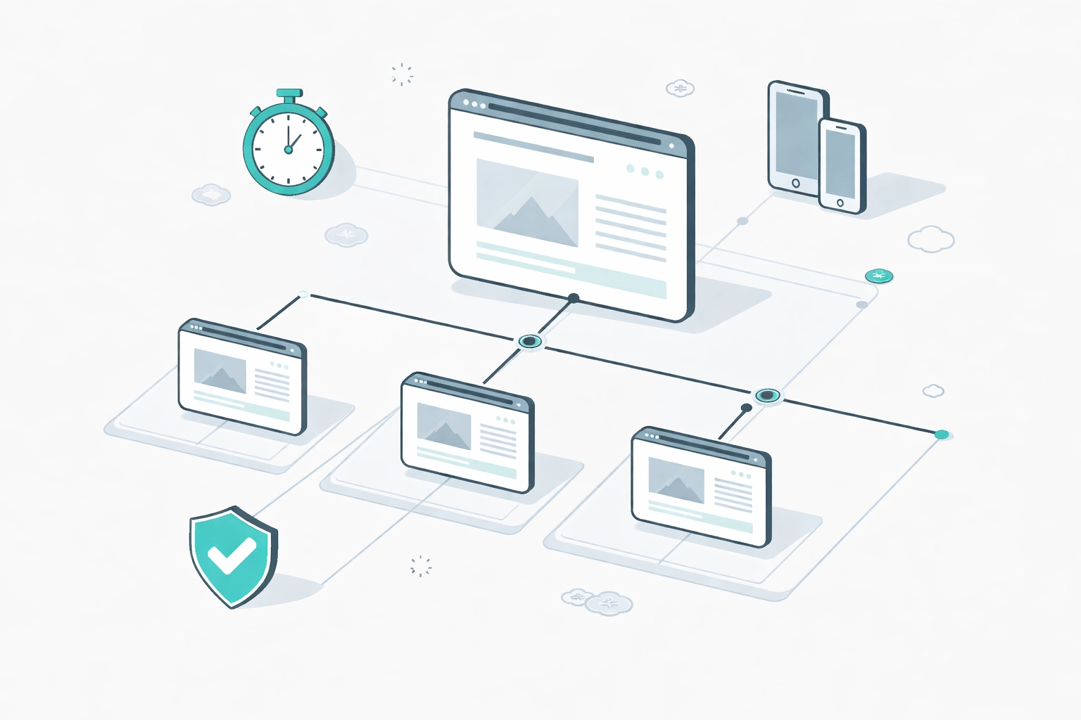 Flat design diagram of a healthy website architecture, highlighting technical SEO audit essentials.