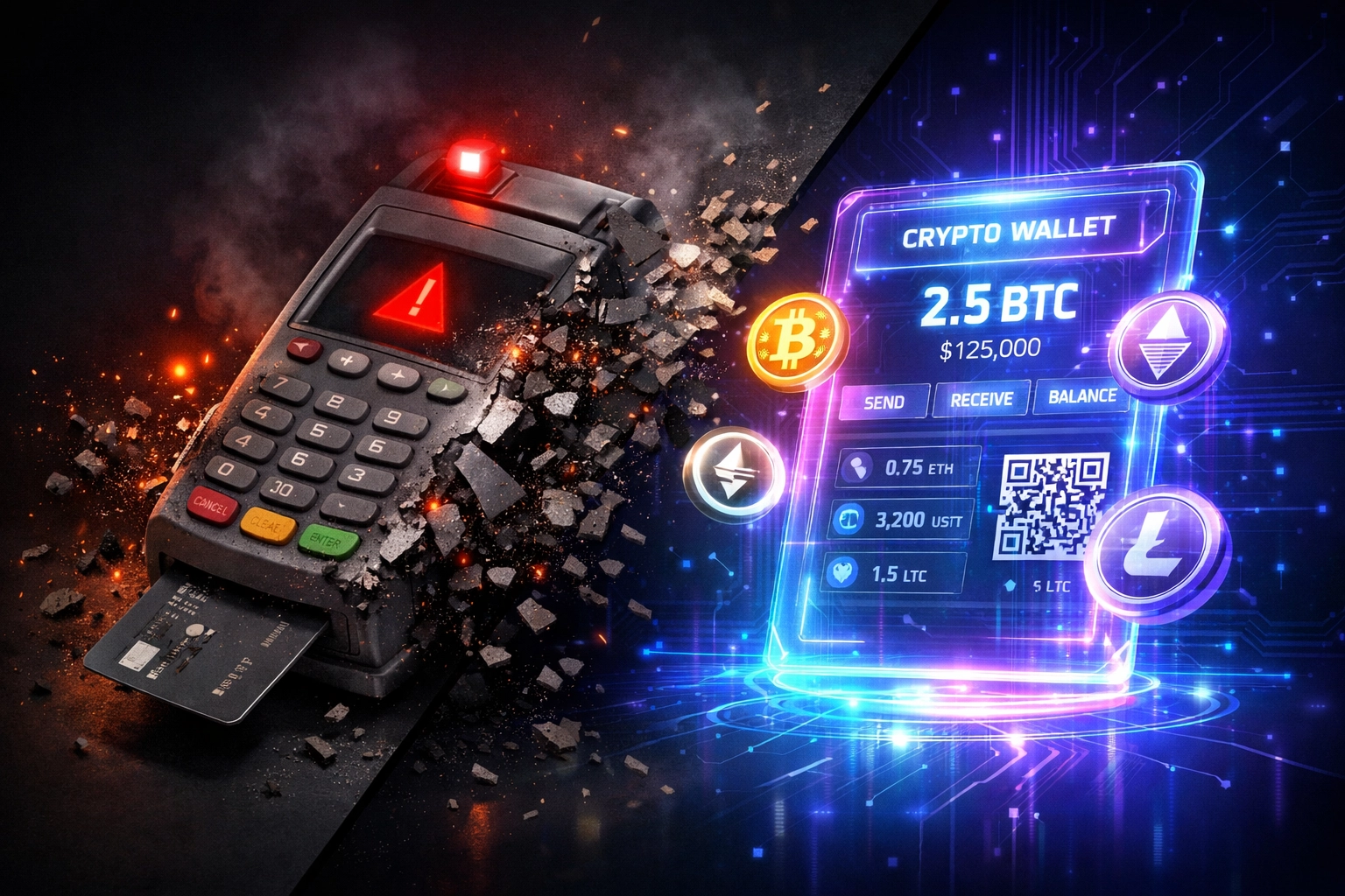 Traditional POS terminal transforming into cryptocurrency wallet interface showing the future of payments