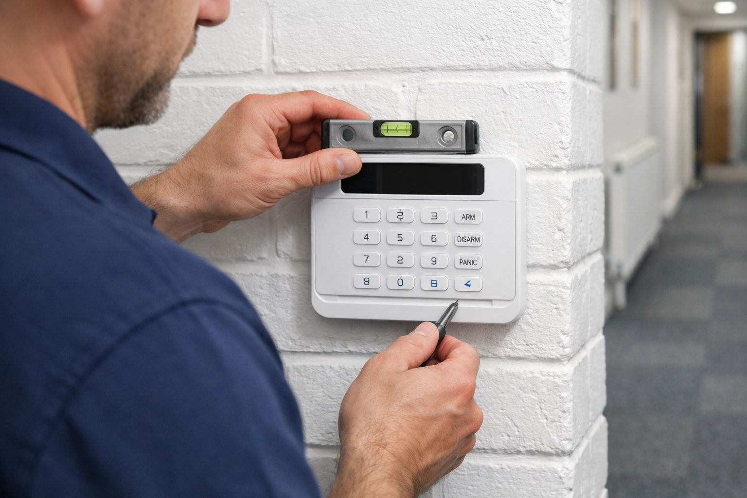 Professional security engineer installing a commercial intruder alarm keypad in a Portsmouth business office.