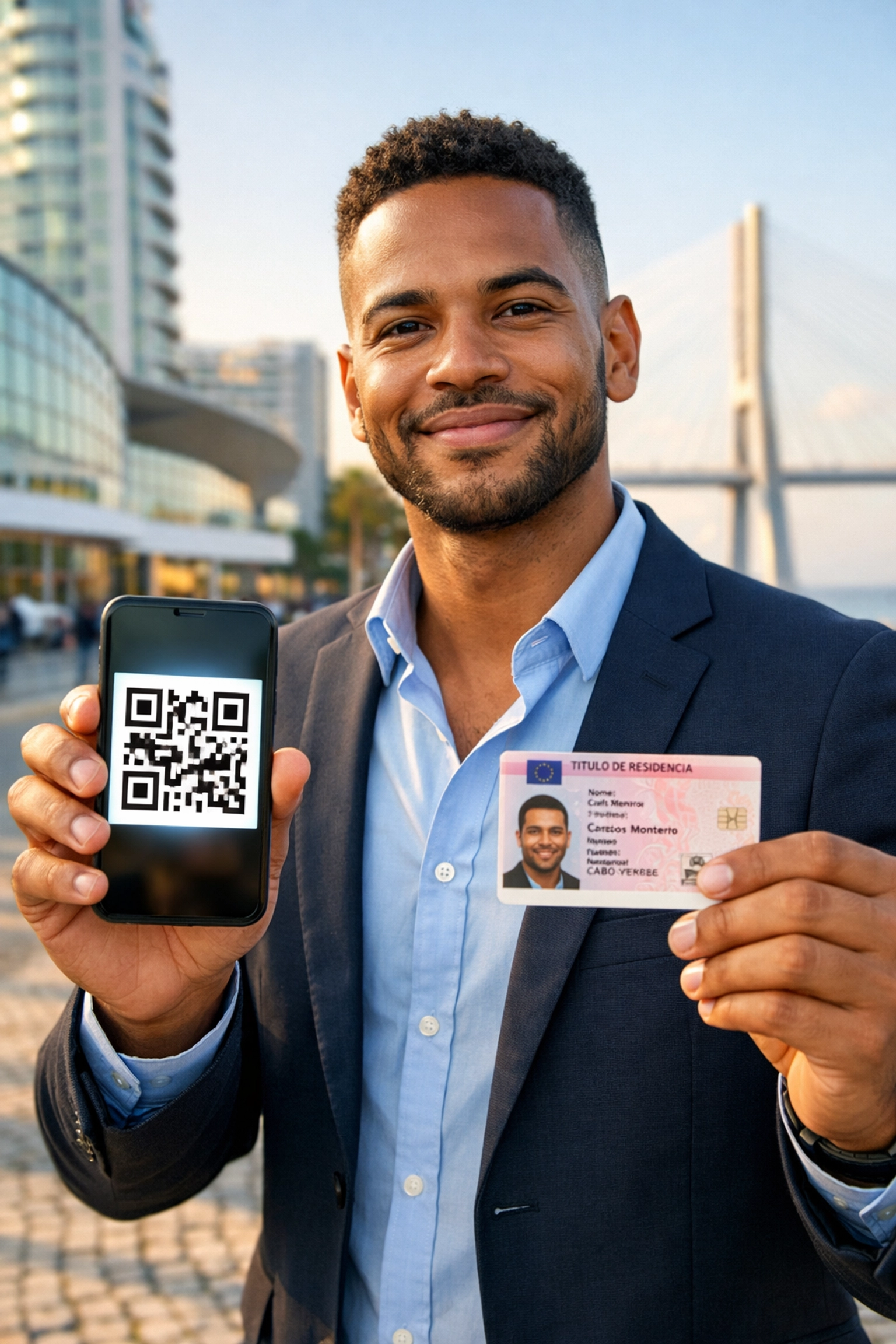 Jovem cabo-verdiano mostra comprovativo digital e cartão de residência para validar visto caducado na AIMA.