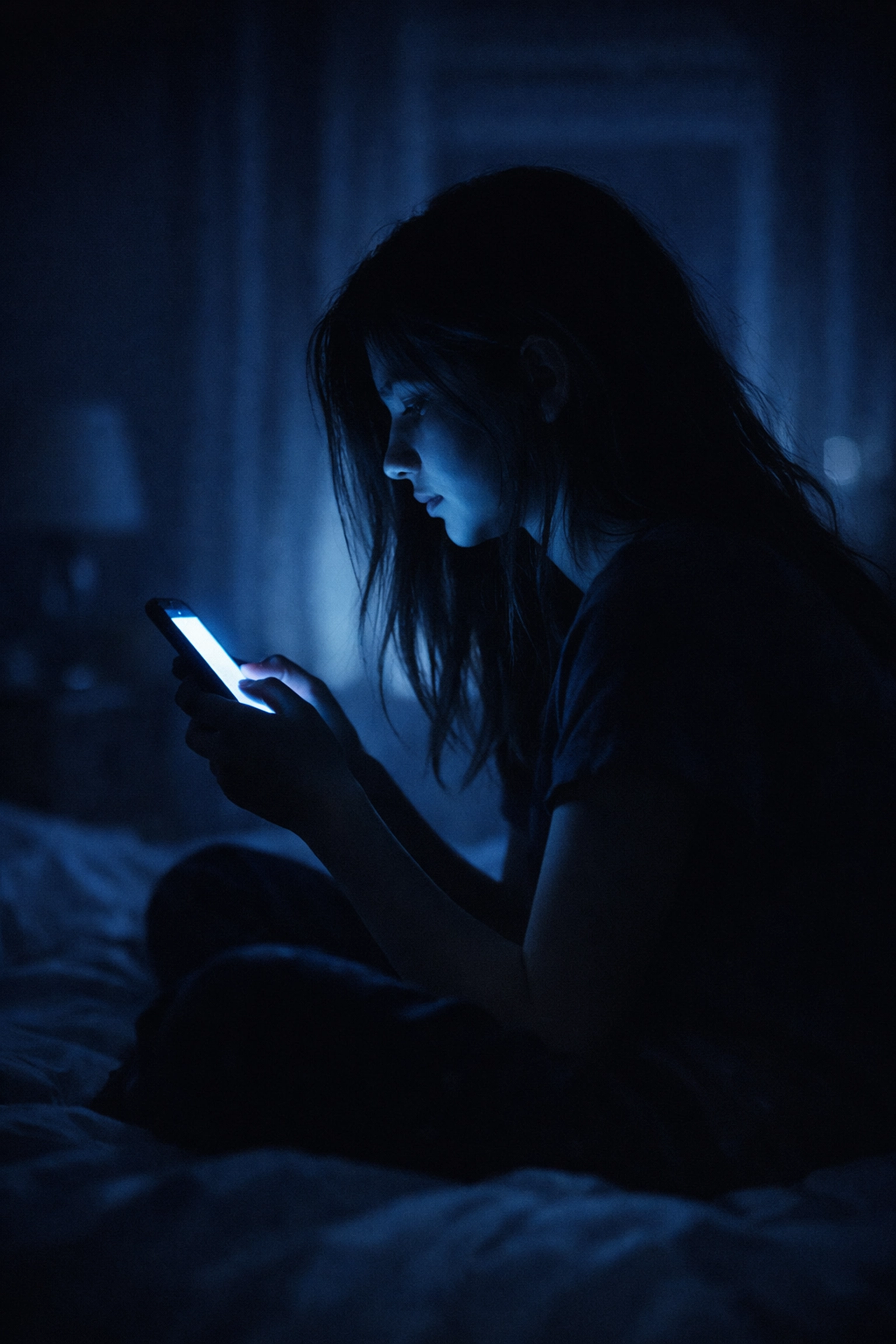 Teen using smartphone at night in bed showing late-night social media use concerns