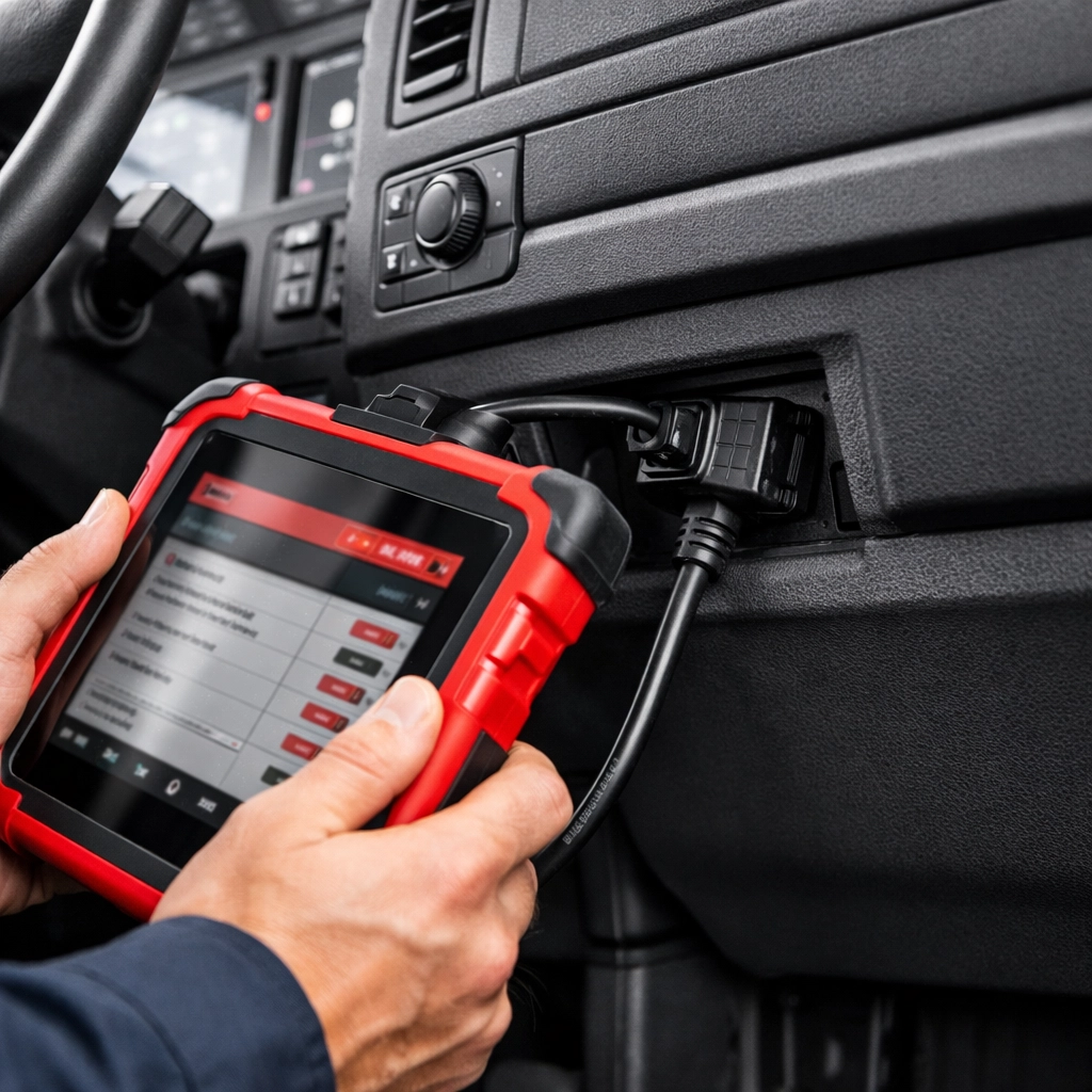 Technician using a diagnostic tablet for California Clean Truck Check OBD compliance testing.
