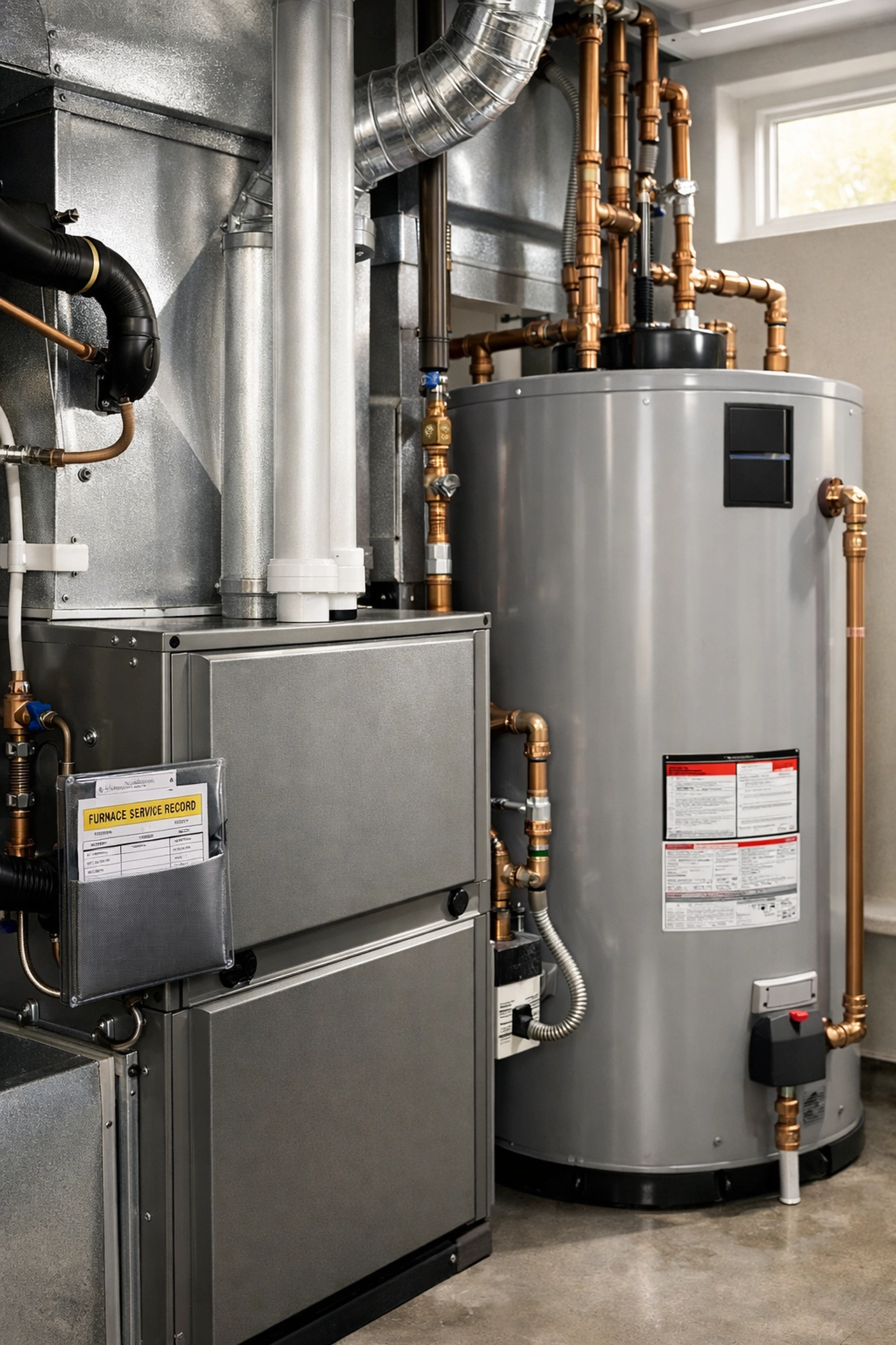 Well-maintained furnace and hot water tank in an Edmonton home mechanical room showing service records.