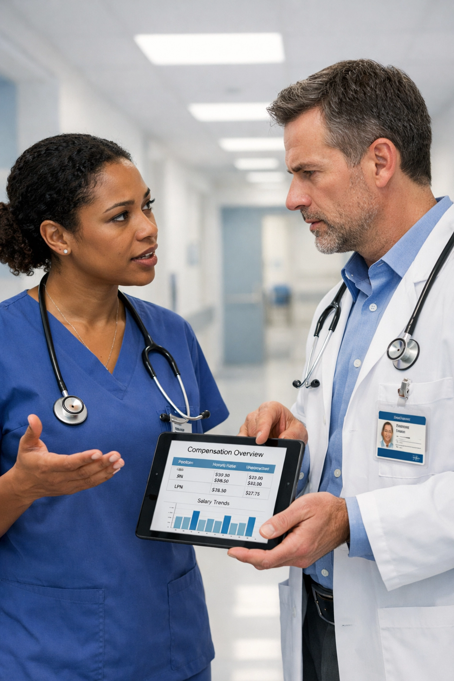 Healthcare professionals discussing compensation and pay rates in hospital setting