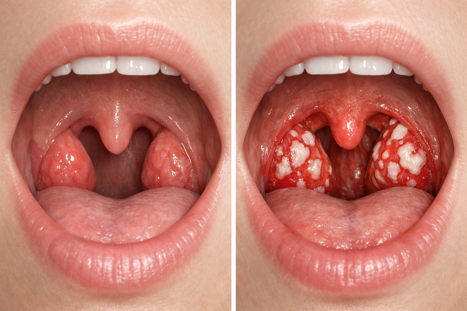 Comparison of healthy throat vs strep throat infection with white patches on tonsils