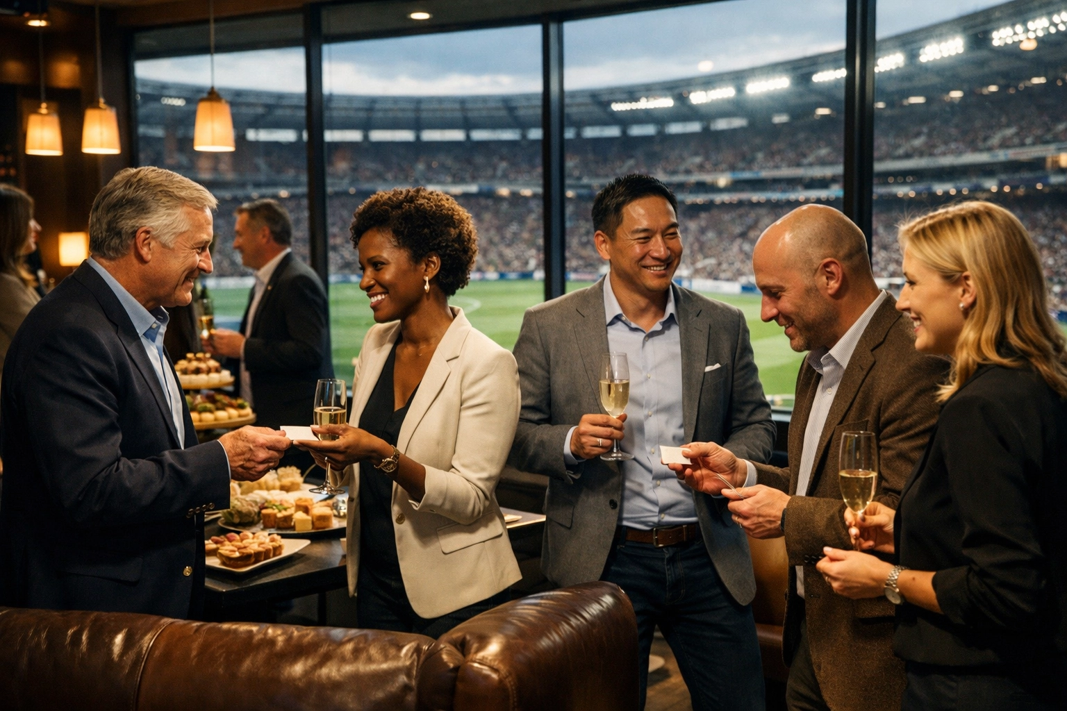 Business executives networking in corporate hospitality suite overlooking stadium field