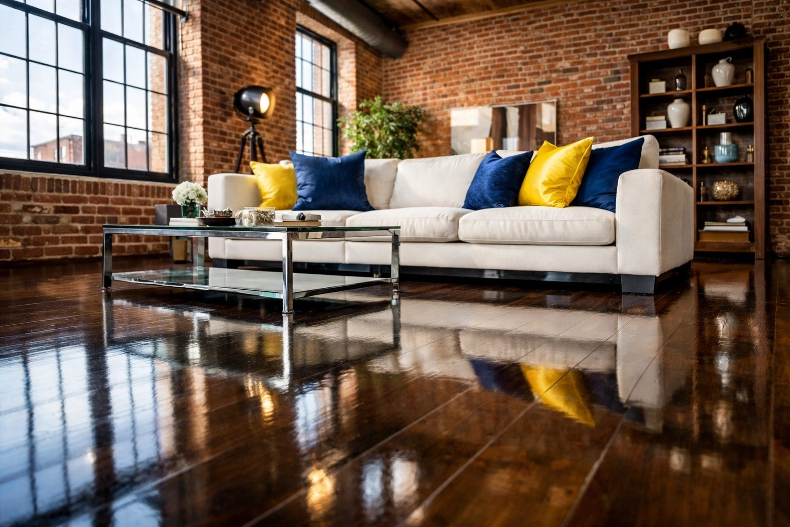 Clean living room with polished floors and brick walls after a professional Lowell House Cleaning service.