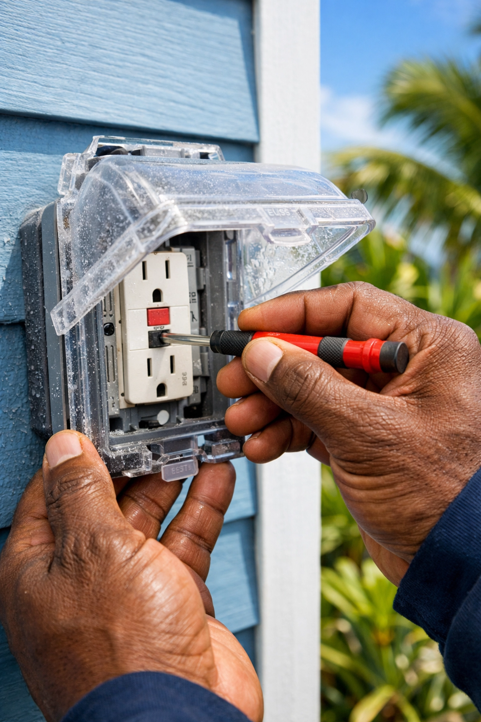 Electrician inspecting a corroded outdoor GFCI outlet for coastal electrical issues