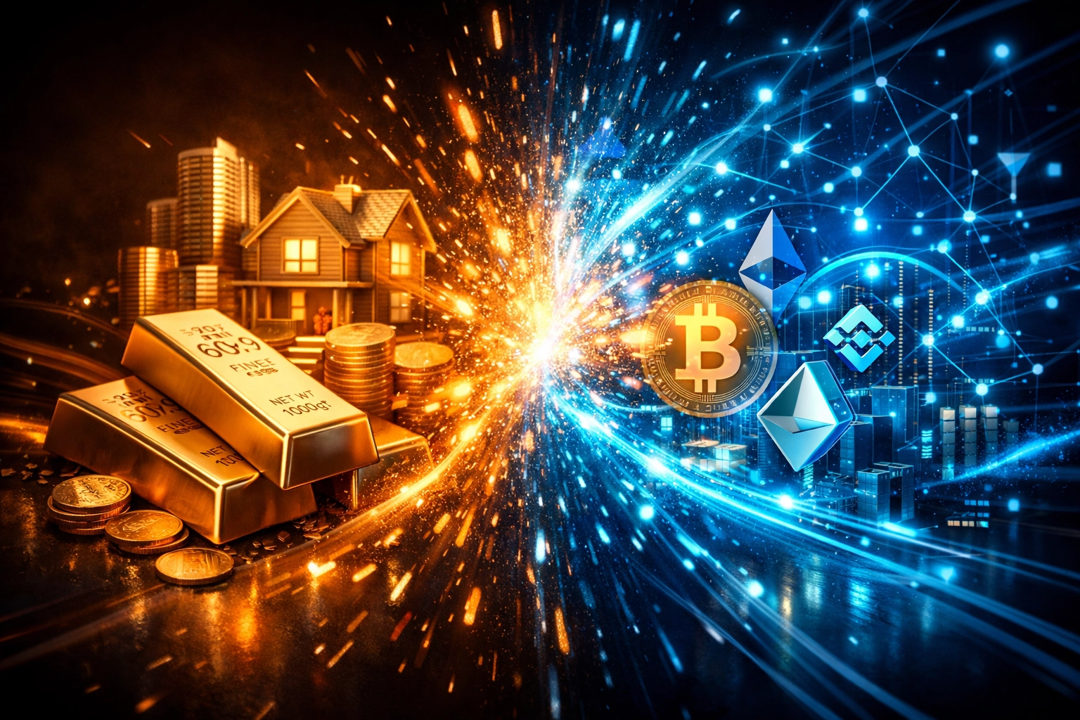 Traditional assets merging with digital cryptocurrency investments in modern portfolio allocation