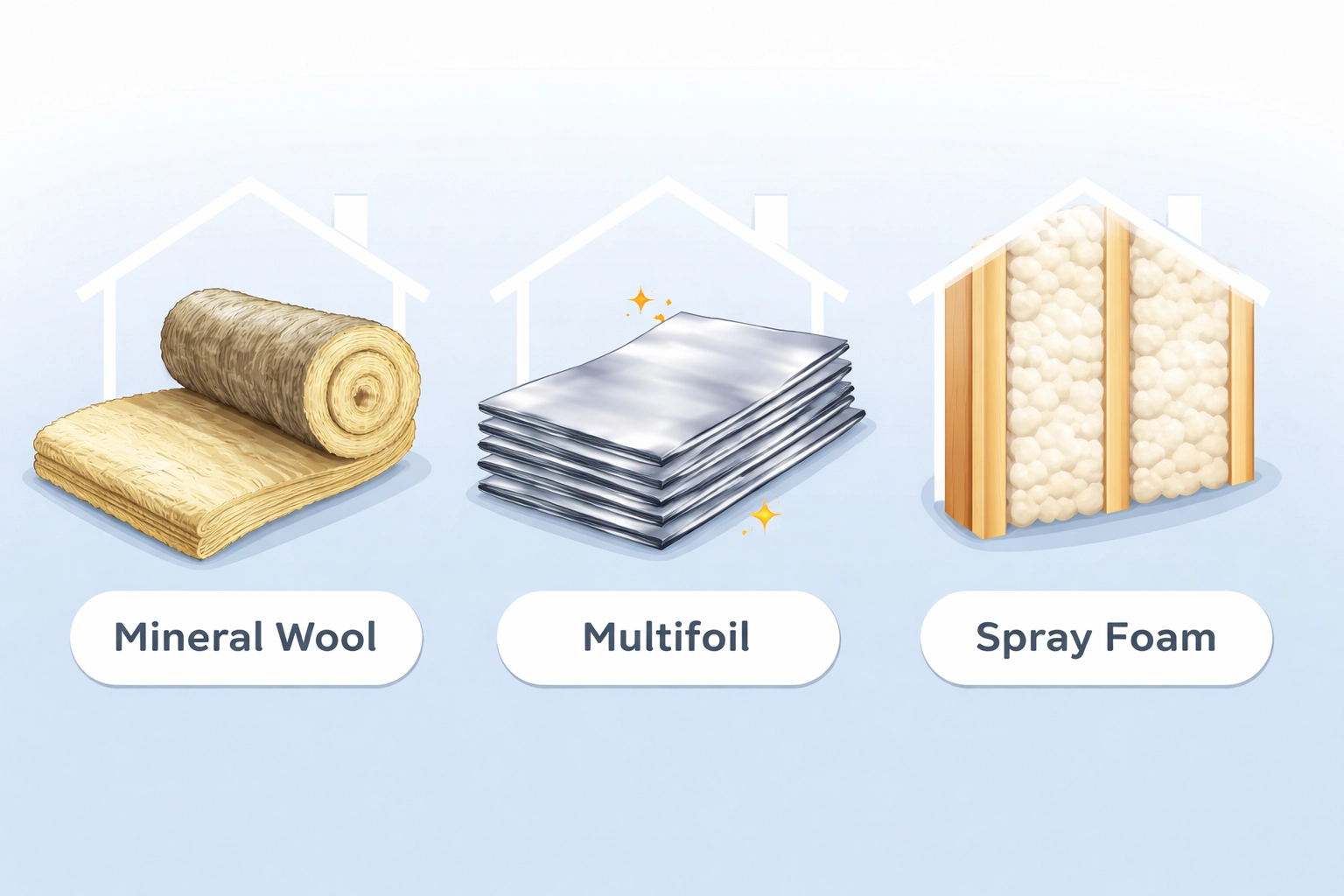 Comparison of Rockwool mineral wool, multifoil insulation, and spray foam products for UK lofts in 2026