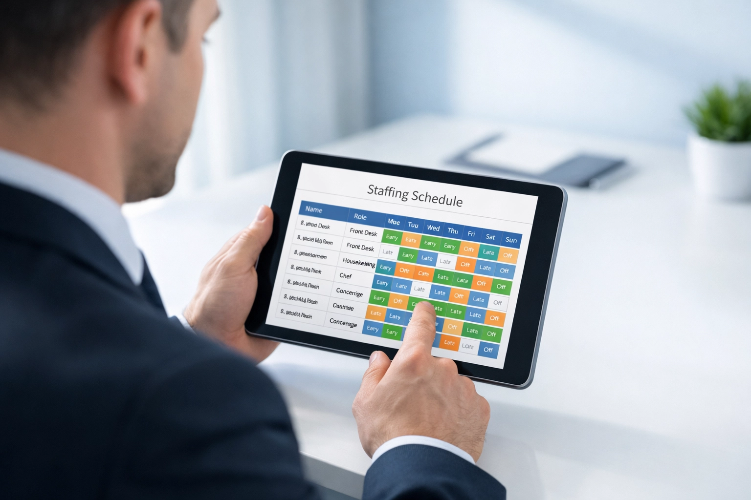 Hotel manager reviewing housekeeping staffing schedule on digital tablet