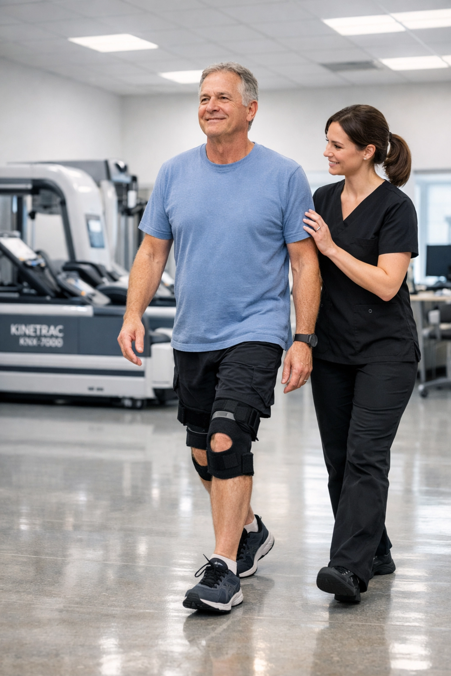 Physiotherapy professional guiding a patient through mobility recovery and non-surgical spine care.