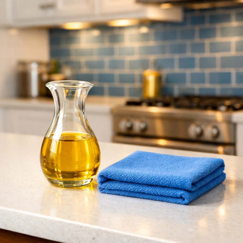Natural oil and a microfiber cloth on a kitchen counter for green adhesive removal.